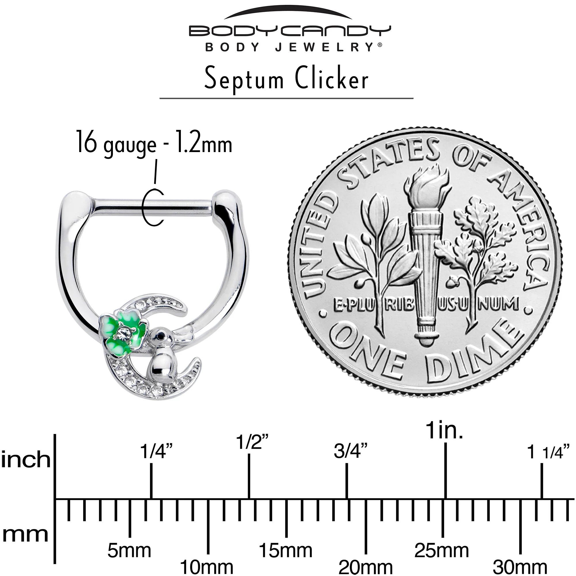 16G 5/16 Clear CZ Gem Rabbit On The Moon Green Cartilage Clicker - Image 4