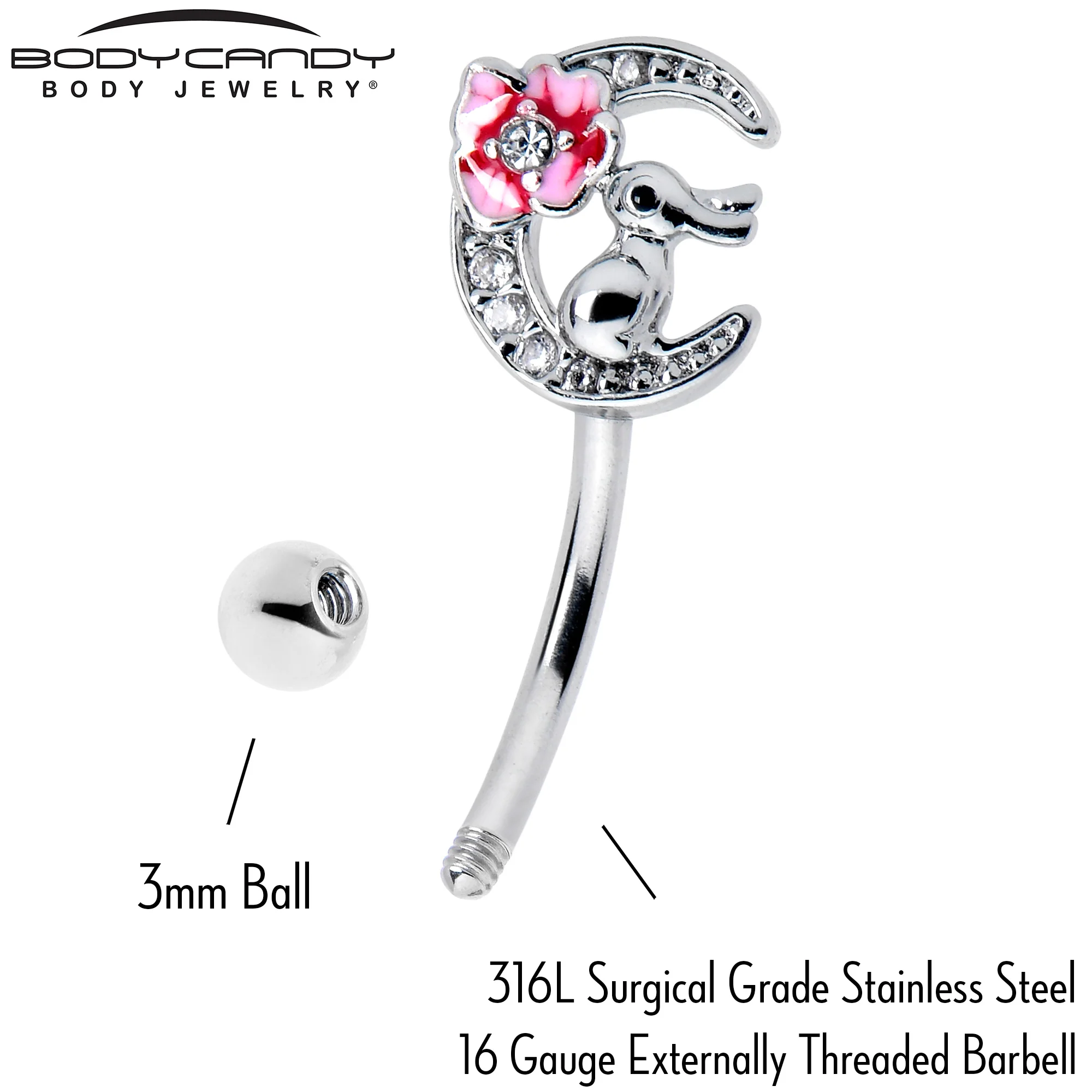 16G 5/16 Clear CZ Gem Rabbit On The Moon Pink Curved Eyebrow Ring - Image 4
