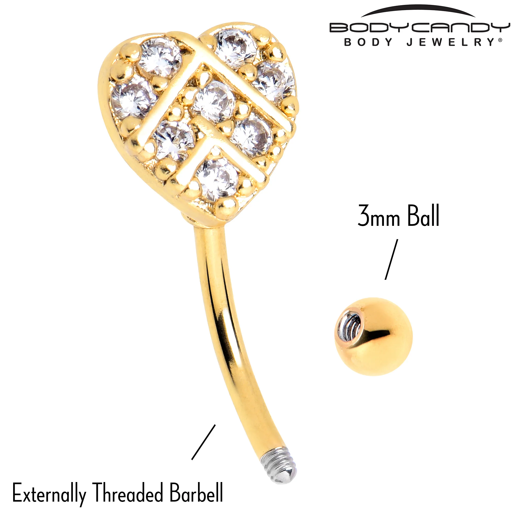 16G 5/16 Clear Gem Gold Tone Lattice Heart Curved Eyebrow Ring - Image 4