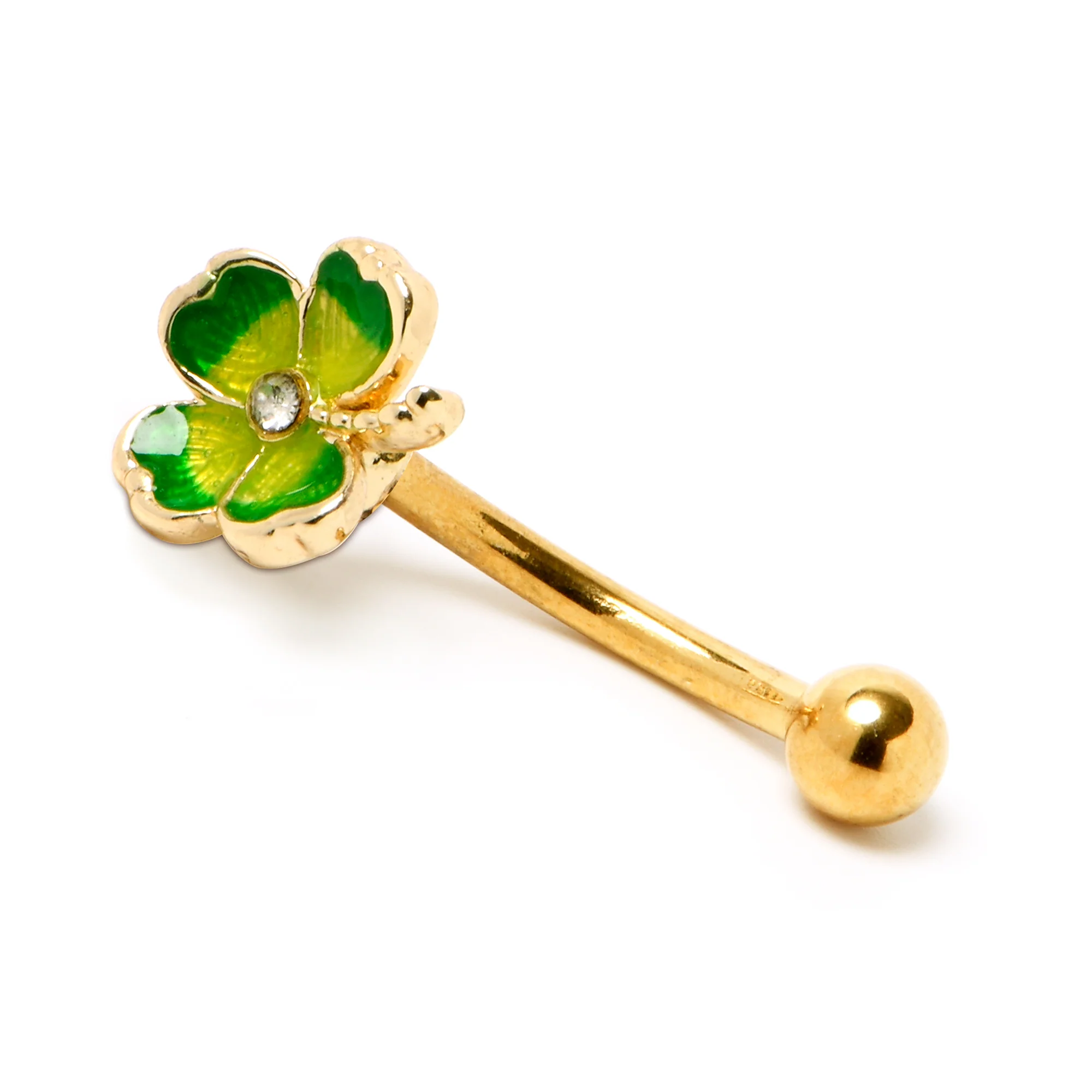 16G 5/16 Clear Gem Gold Tone Lucky Shamrock Curved Eyebrow Ring - Image 5