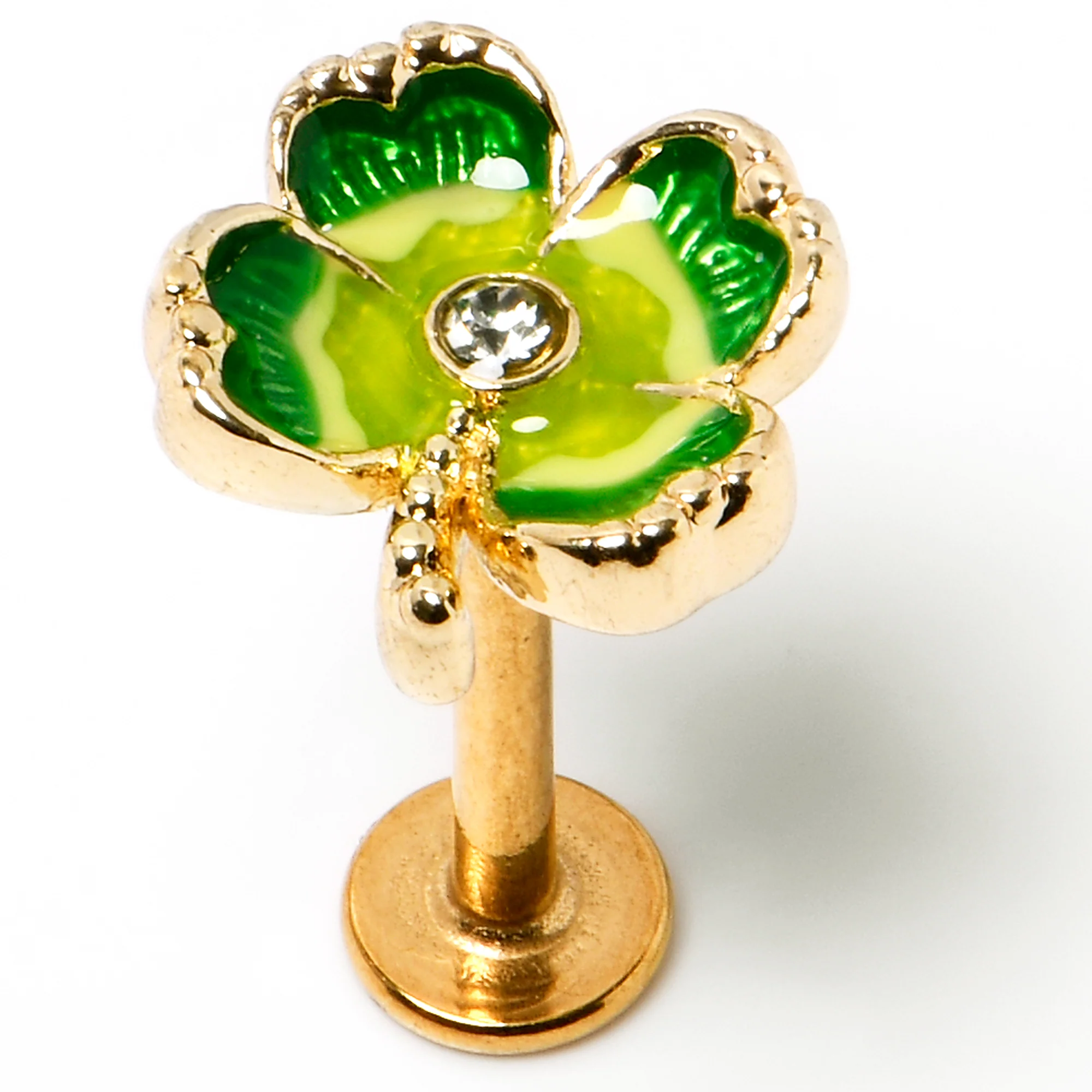 16G 5/16 Clear Gem Gold Tone Lucky Shamrock Labret Monroe Tragus - Image 7