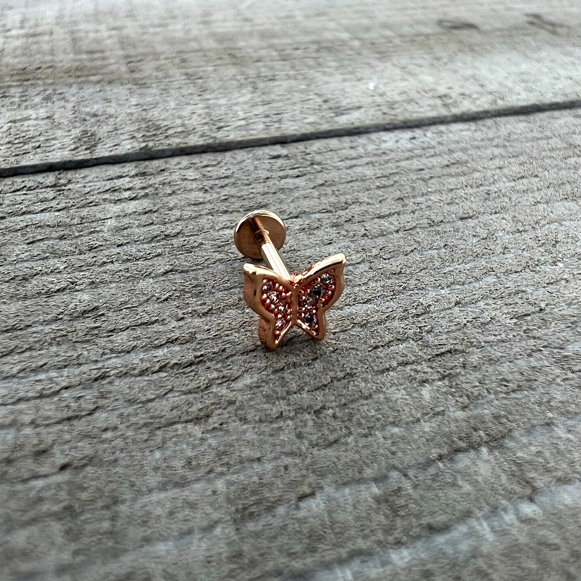 16G 5/16 Clear Gem Rosy Tone Butterfly Internally Threaded Labret - Image 7