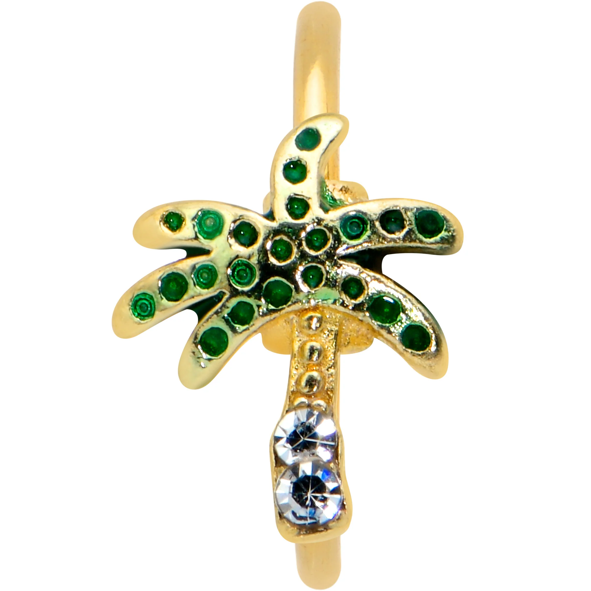 16G 5/16 Clear Green Gem Gold Tone Retro Palm Tree Nose Hoop - Image 2