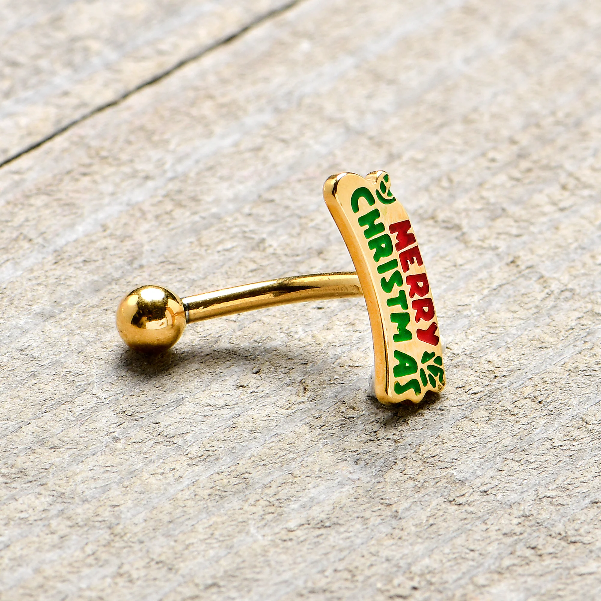 16G 5/16 Gold Tone Merry Christmas Inlay Curved Barbell Ring - Image 3