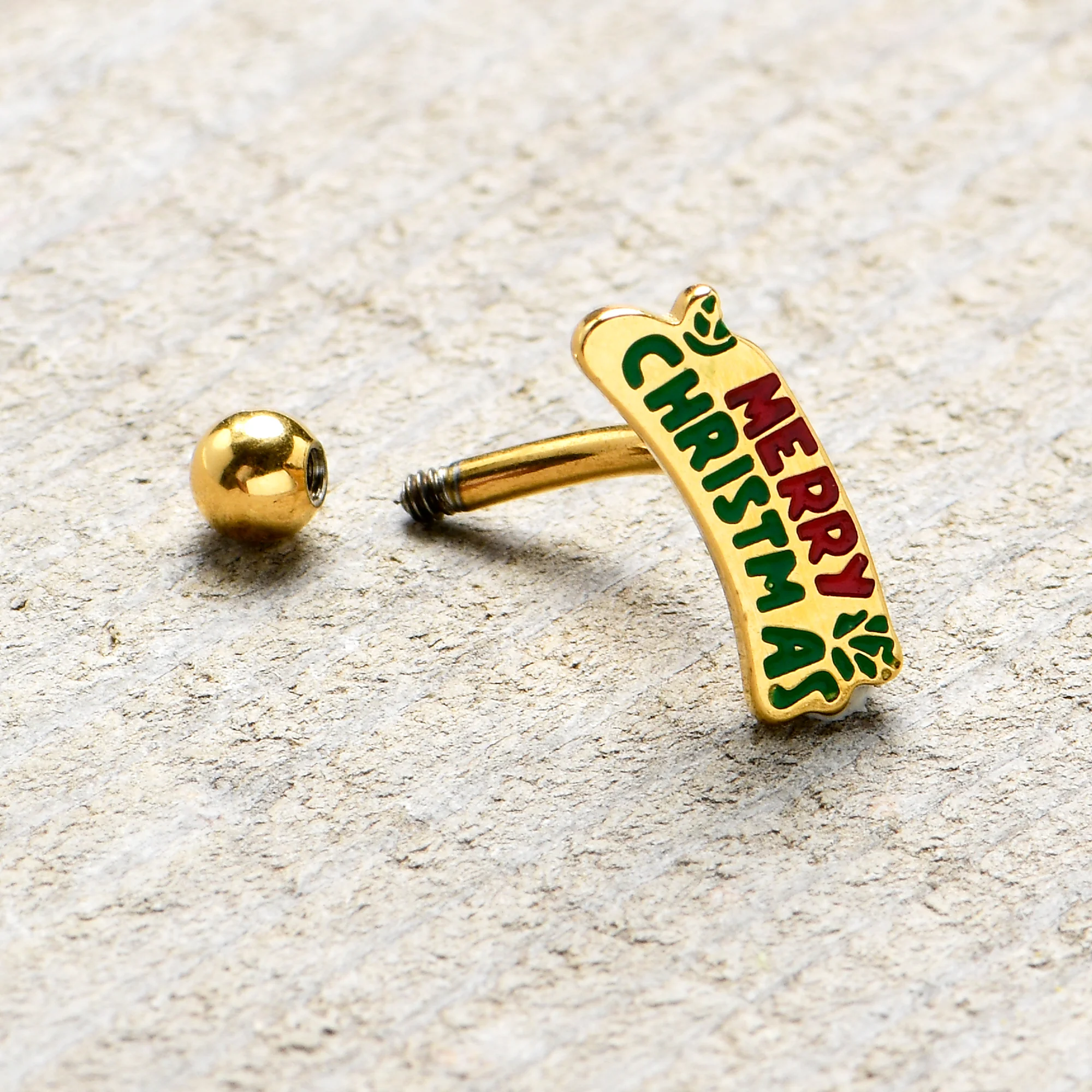 16G 5/16 Gold Tone Merry Christmas Inlay Curved Barbell Ring - Image 6