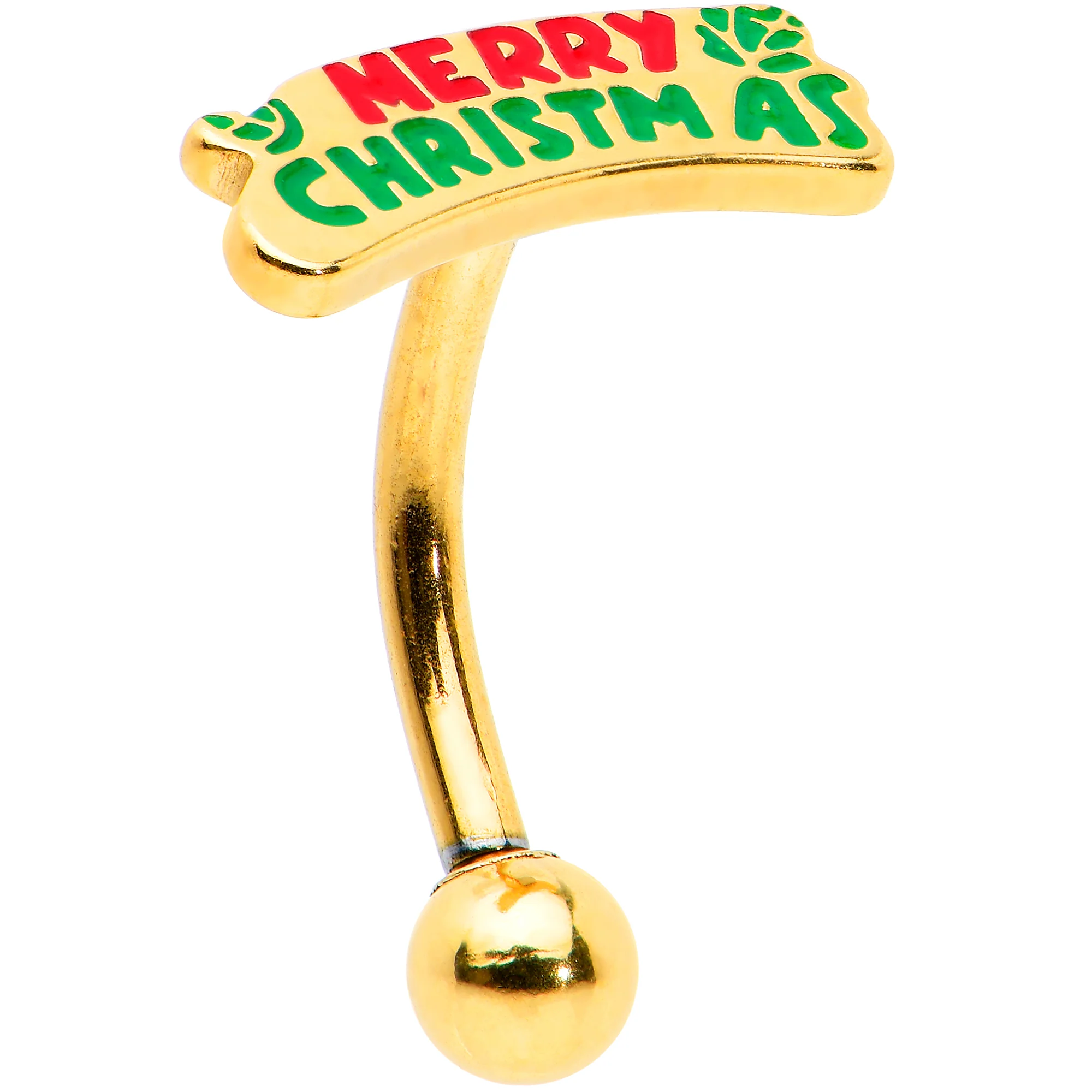 16G 5/16 Gold Tone Merry Christmas Inlay Curved Barbell Ring - Image 7