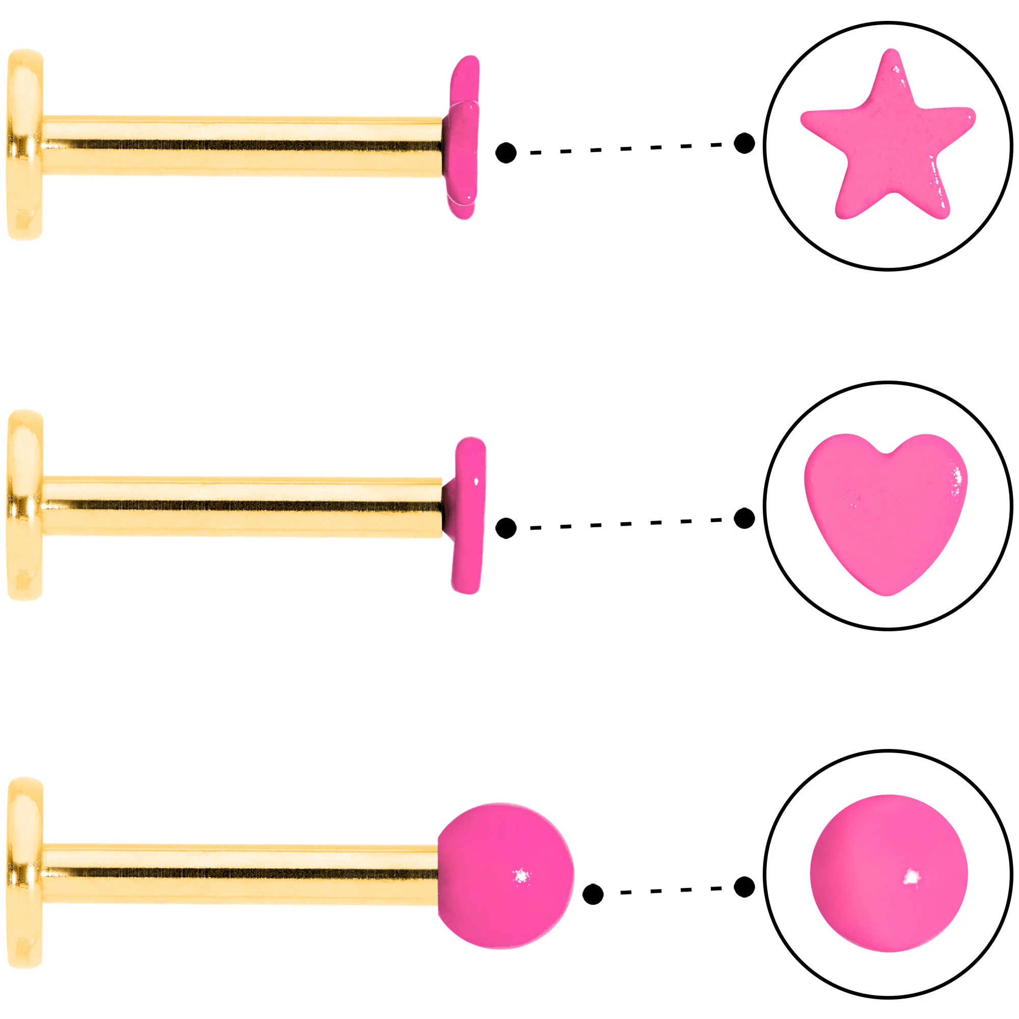 16G 5/16 Gold Tone Pink Glow Star Heart Labret Set of 3 - Image 2