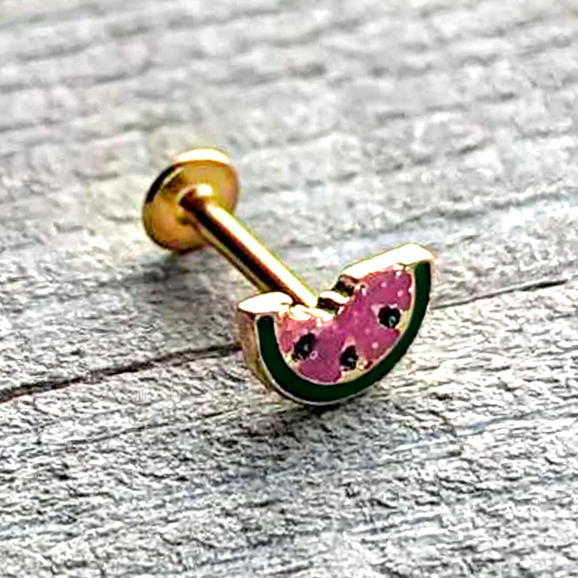16G 5/16 Gold Tone Watermelon Bite Labret Monroe Tragus - Image 6