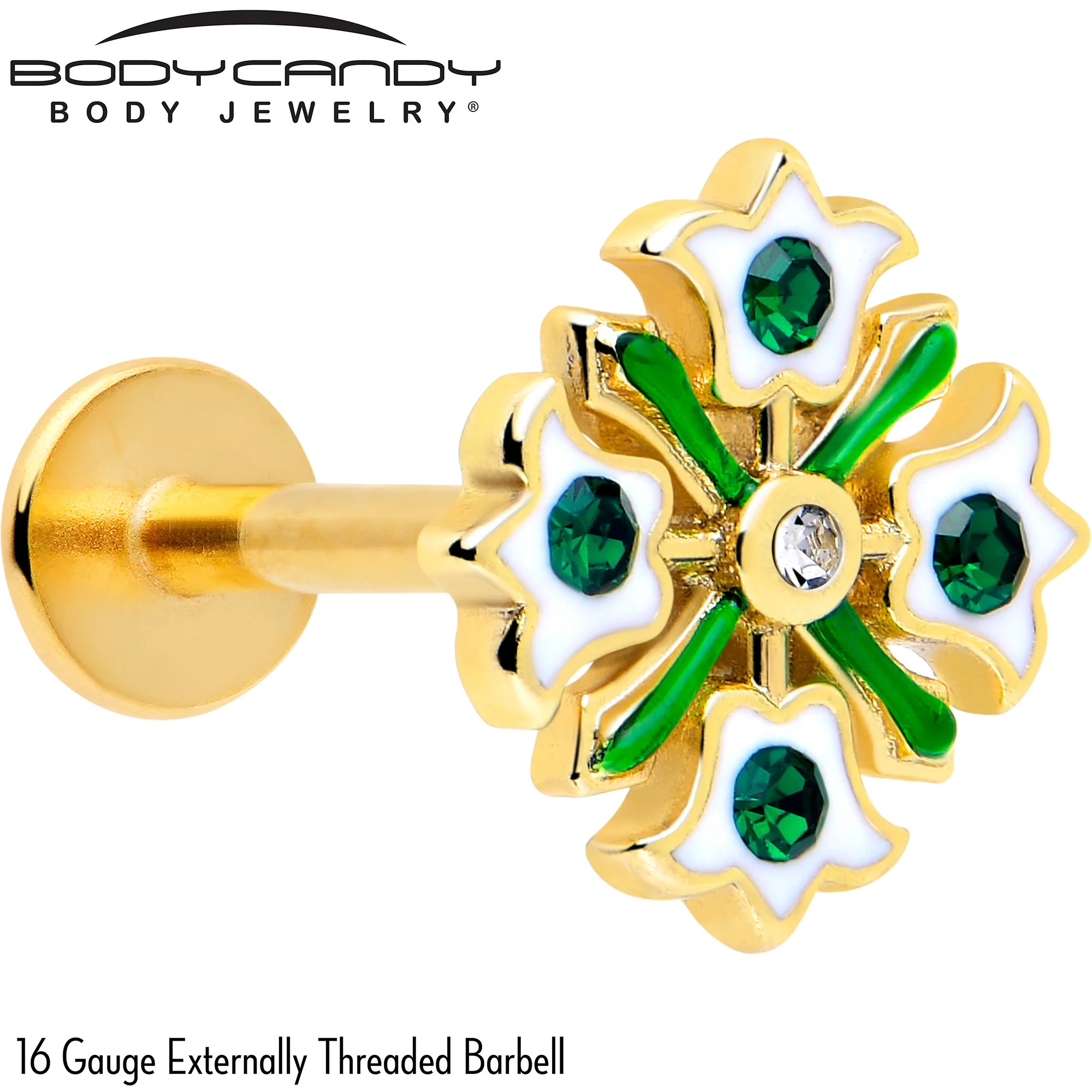 16G 5/16 Green CZ Gem Gold Tone Flower Wreath Flatback Stud - Image 2