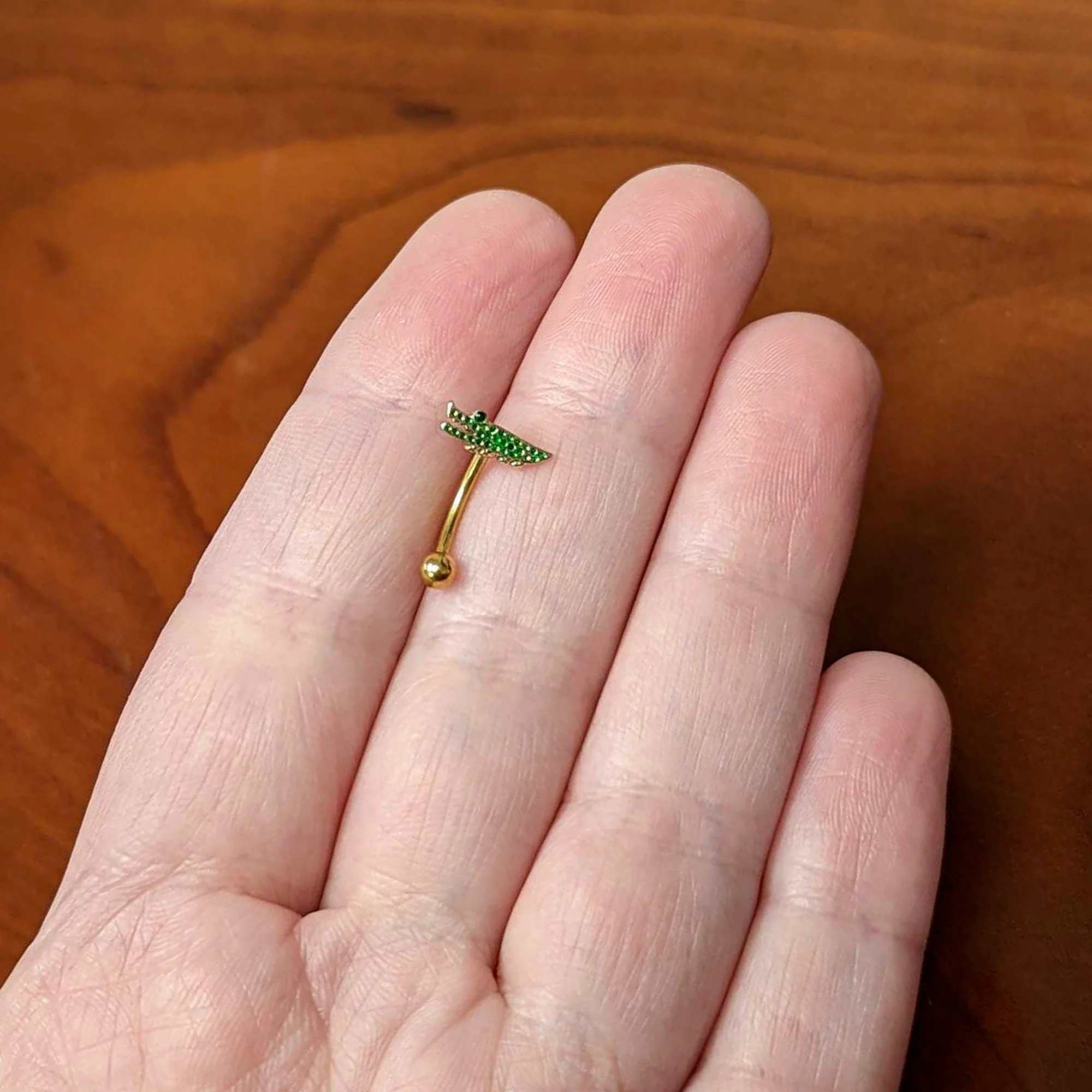 16G 5/16 Green Gem Gold Tone Hungry Alligator Curved Eyebrow Ring - Image 3
