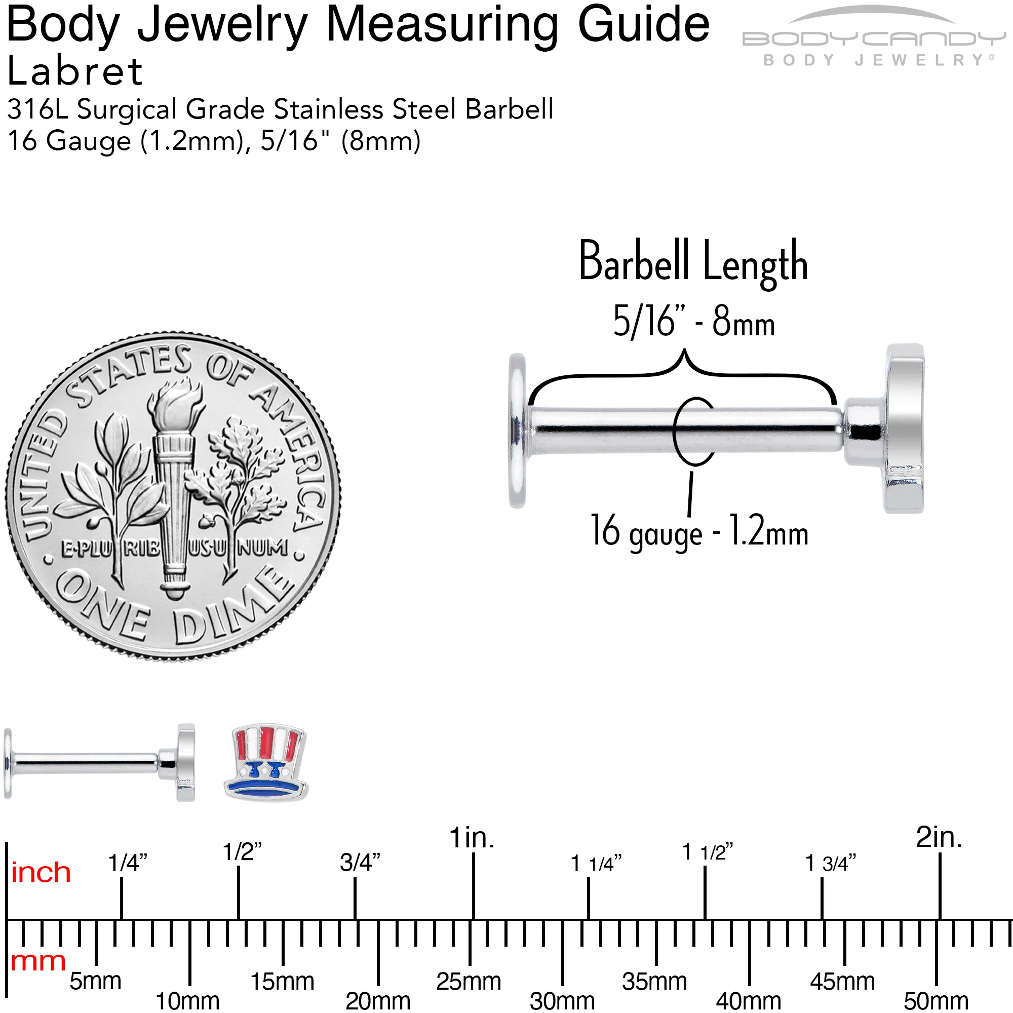 16G 5/16 Patriotic Uncle Sam Top Hat Labret Monroe Tragus - Image 4