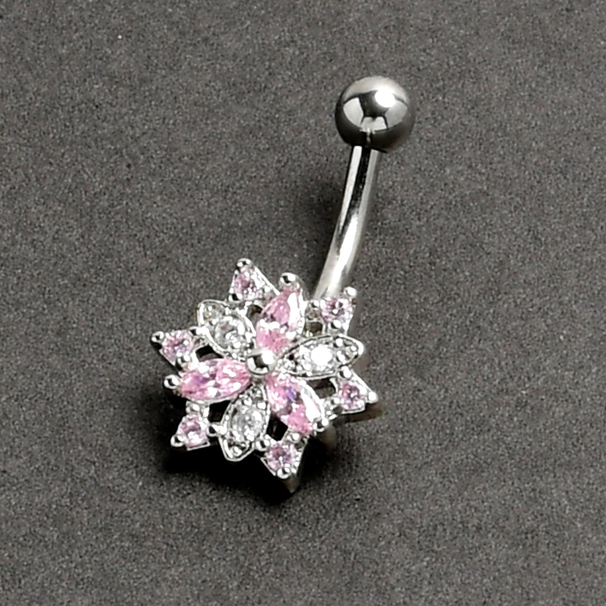 16G 5/16 Pink Clear CZ Gem Snowflake Style Curved Eyebrow Ring - Image 5