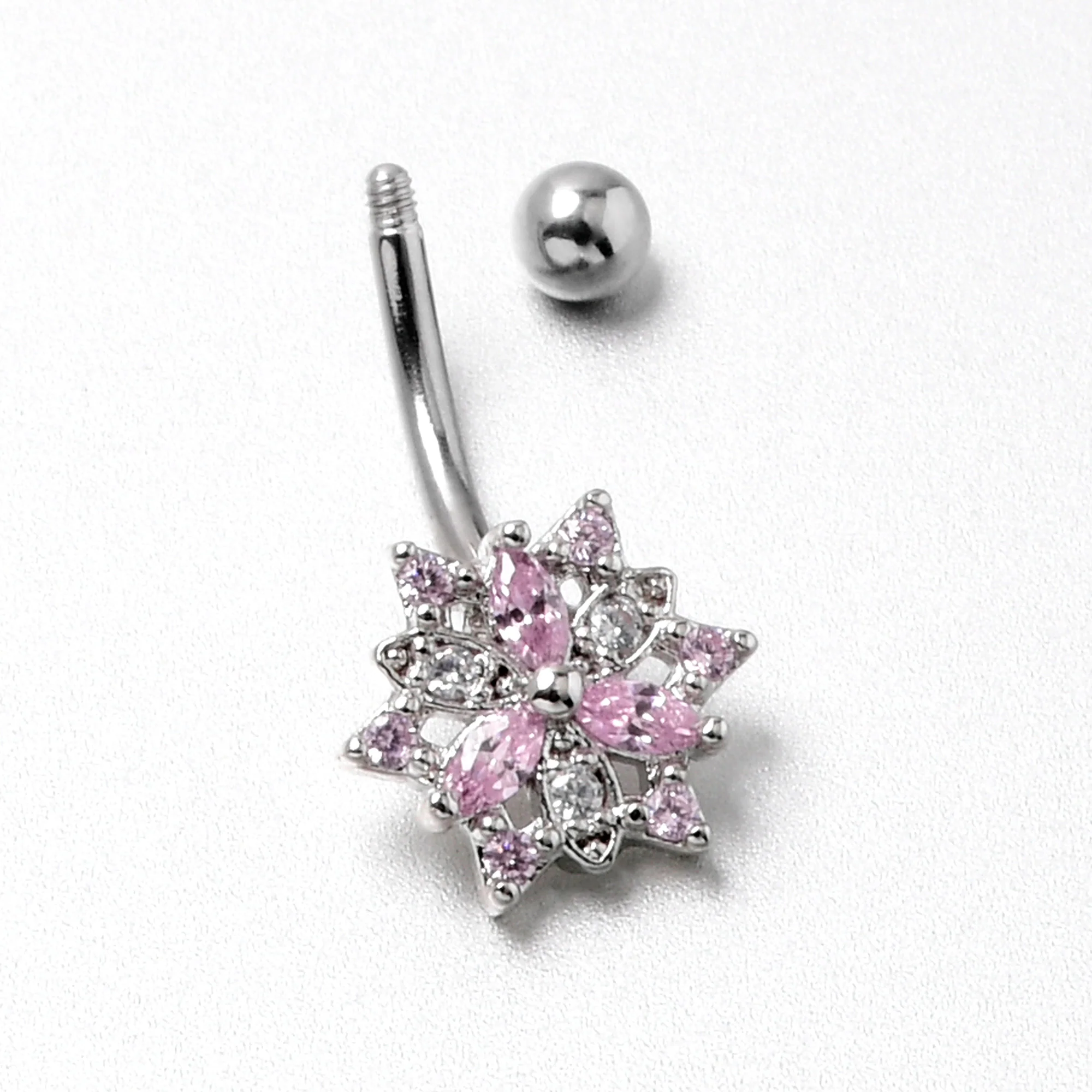16G 5/16 Pink Clear CZ Gem Snowflake Style Curved Eyebrow Ring - Image 7