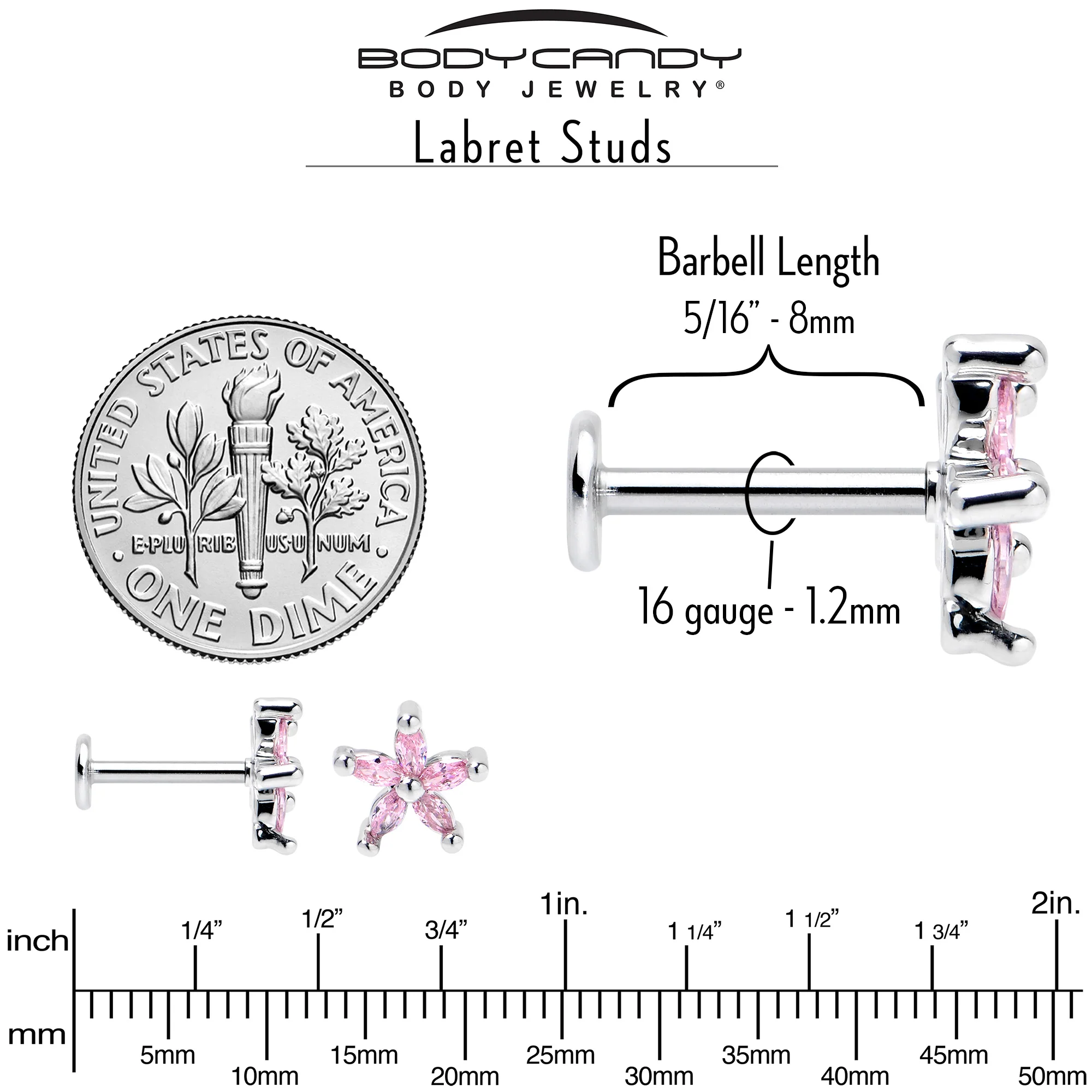 16G 5/16 Pink CZ Gem Flower Fantastic Internally Threaded Labret - Image 5