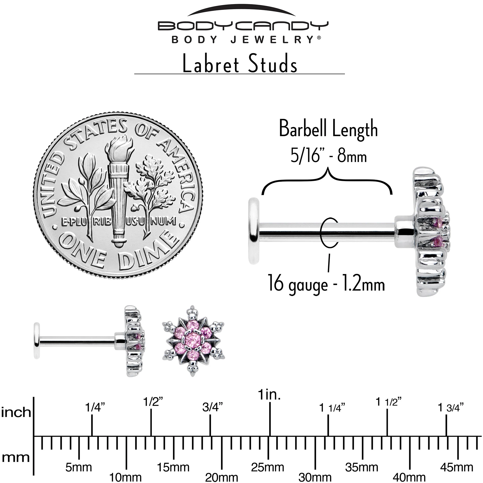 16G 5/16 Pink CZ Gem Glam Snowflake Labret Monroe Tragus - Image 5