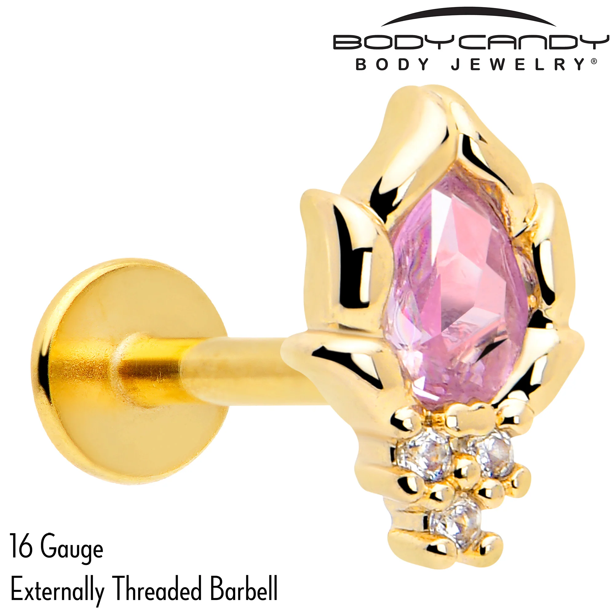 16G 5/16 Pink CZ Gem Gold Tone Style Fire Labret Monroe Tragus - Image 2