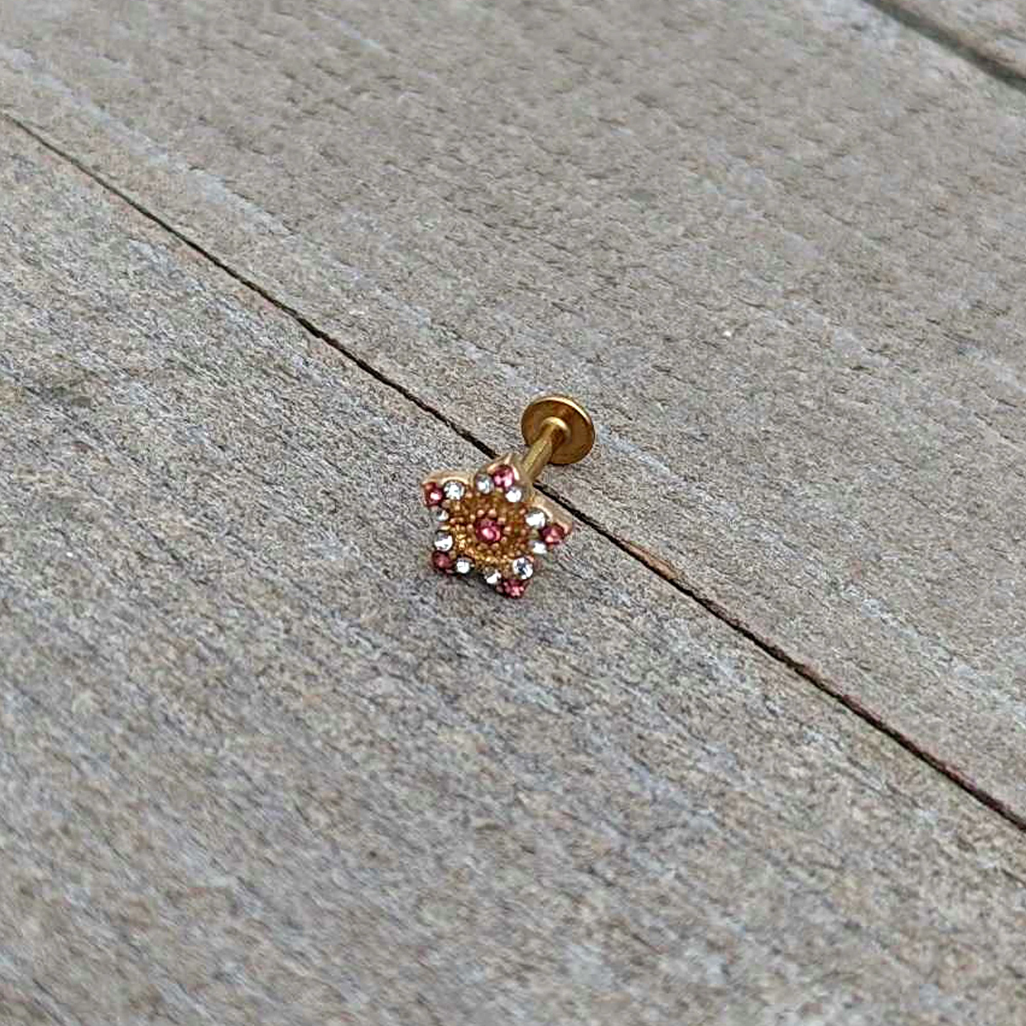 16G 5/16 Pink Gem Gold Tone Texture Star Labret Monroe Tragus - Image 7