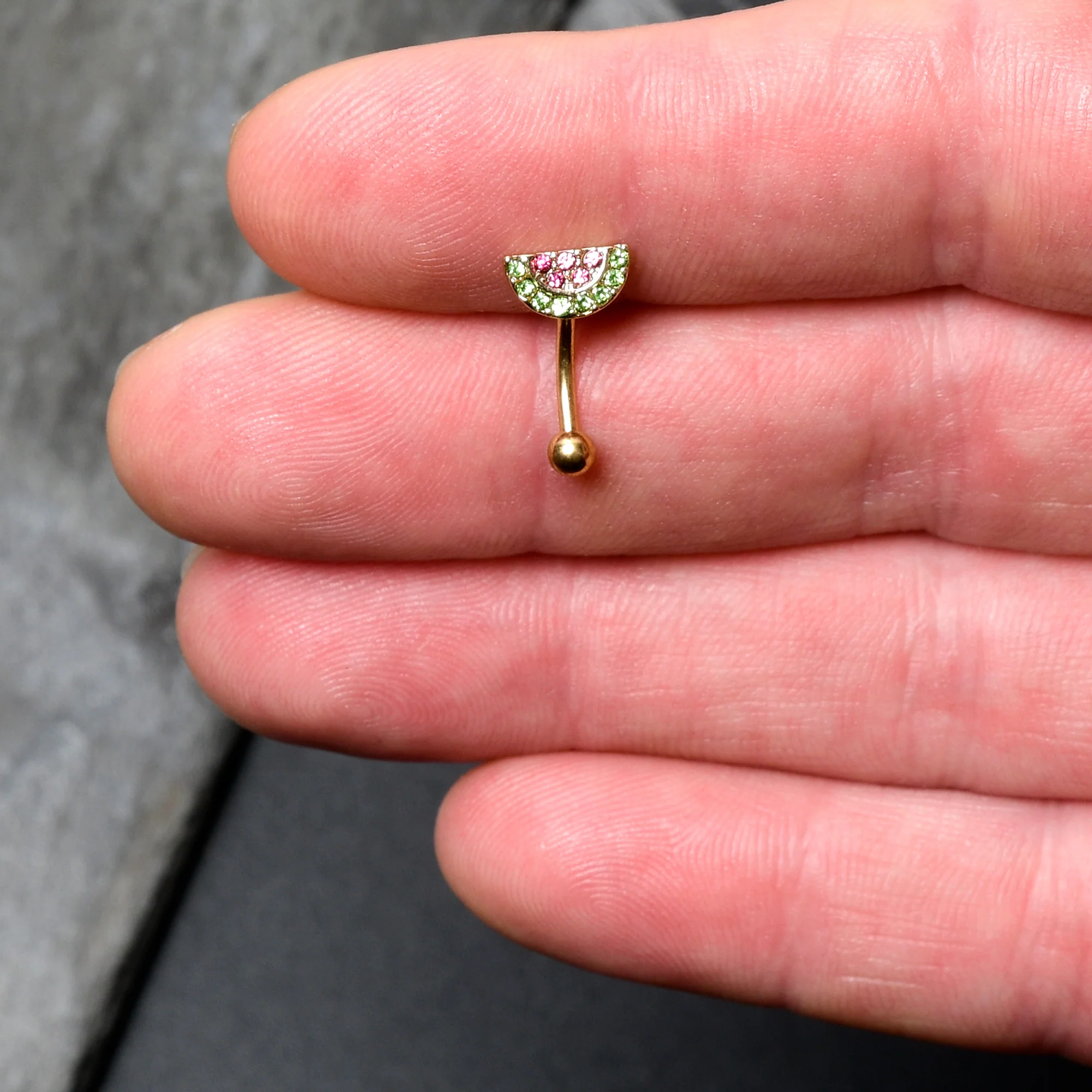 16G 5/16 Pink Gem Gold Tone Watermelon Yum Curved Eyebrow Ring - Image 2