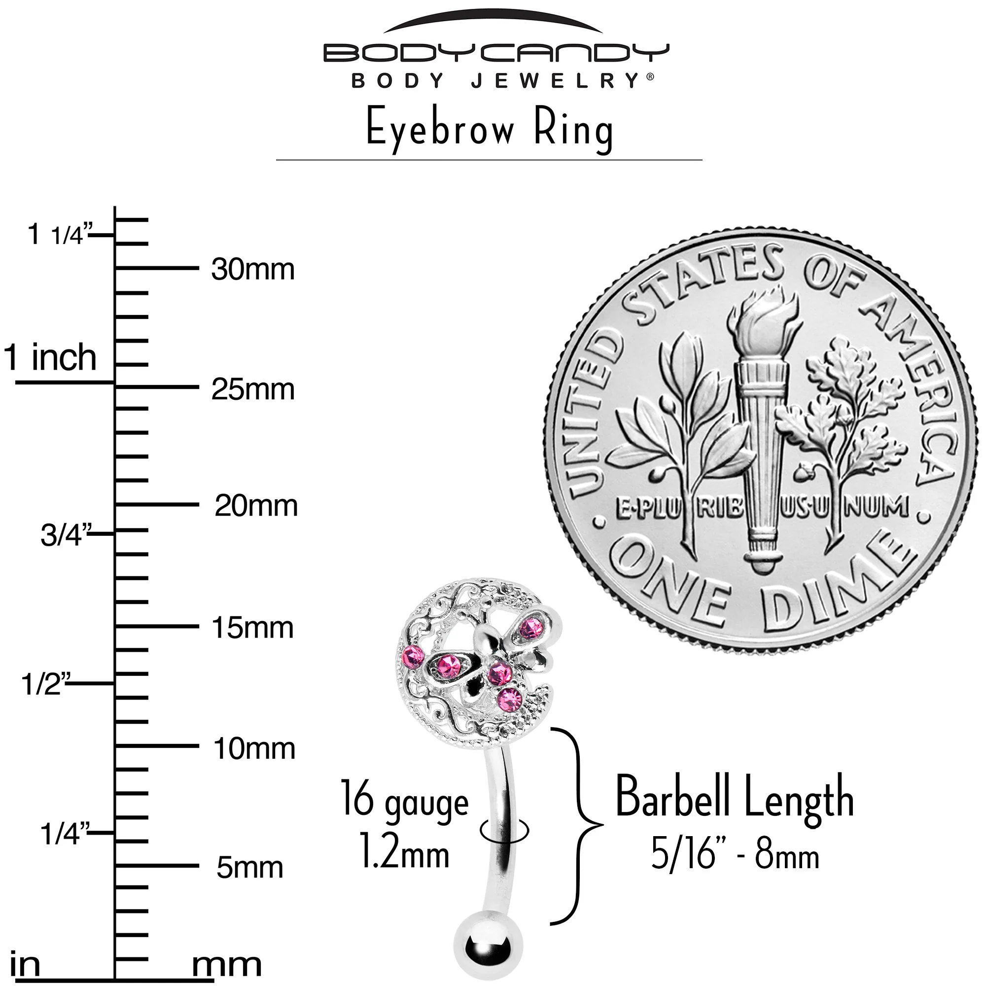 16G 5/16 Pink Gem Lunar Dragonfly Curved Eyebrow Ring - Image 6