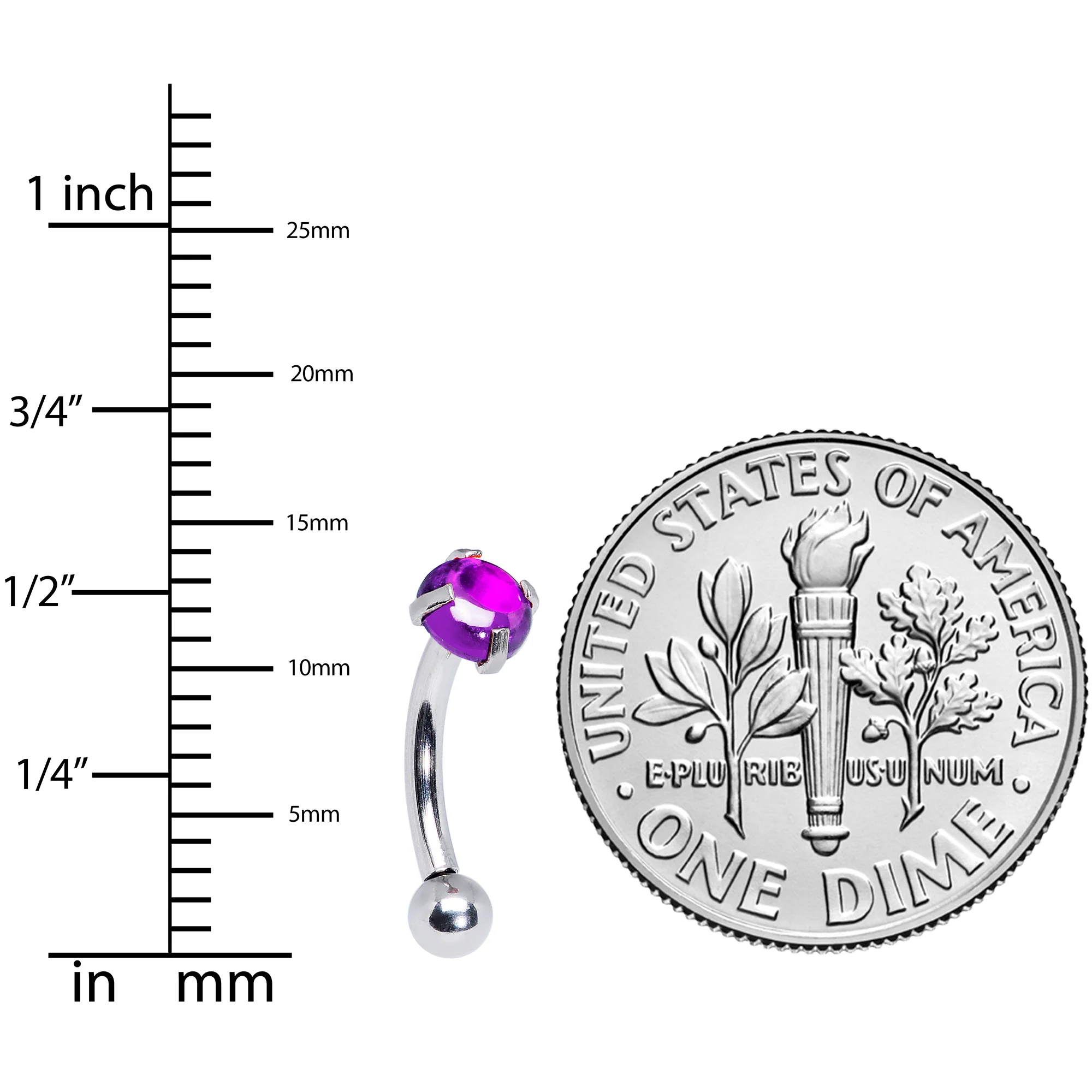 16G 5/16 Purple CZ Gem Internally Threaded Curved Eyebrow Ring - Image 3