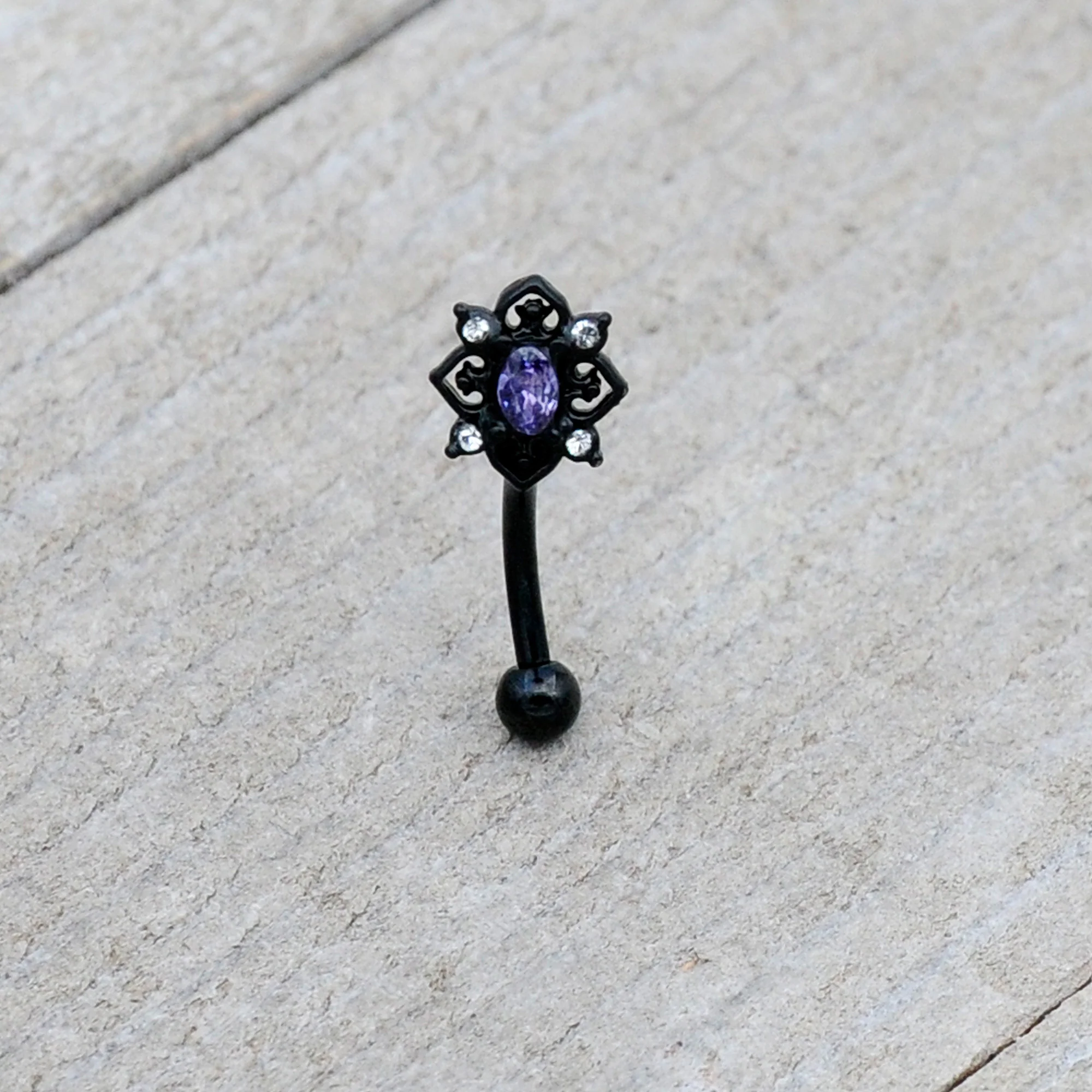 16G 5/16 Purple Gem Black Scrolling Hearts Curved Eyebrow Ring - Image 3