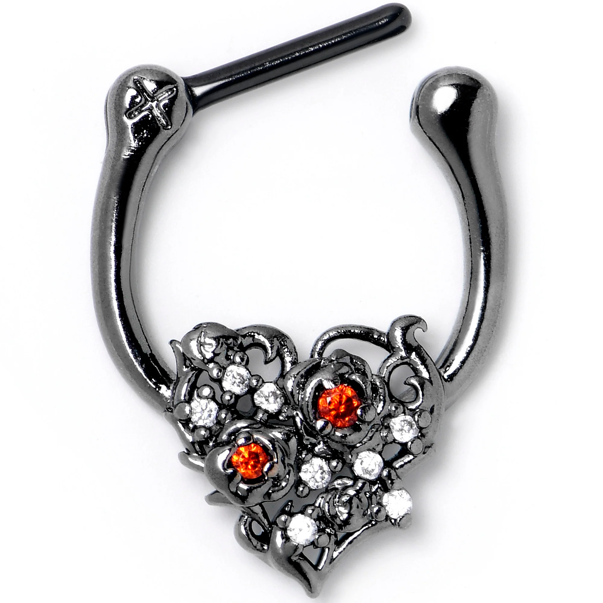 16G 5/16 Red Clear CZ Black Floral Heart Cartilage Clicker - Image 2