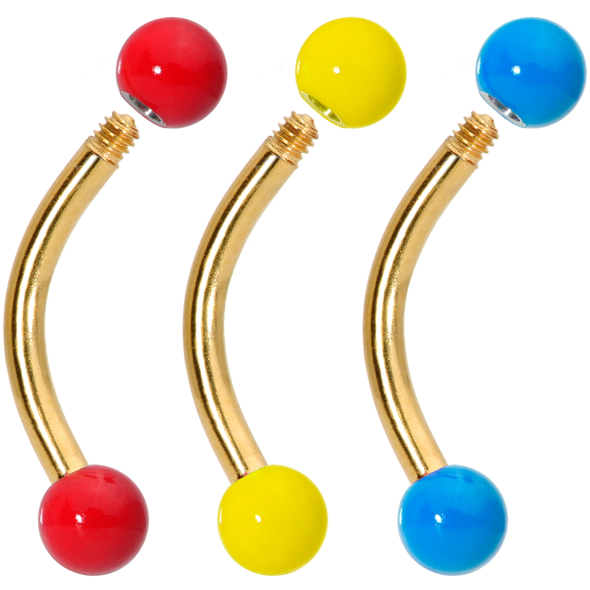 16G 5/16 Red Yellow Blue Glow Gold Tone Curved Barbell Set of 3 - Image 3