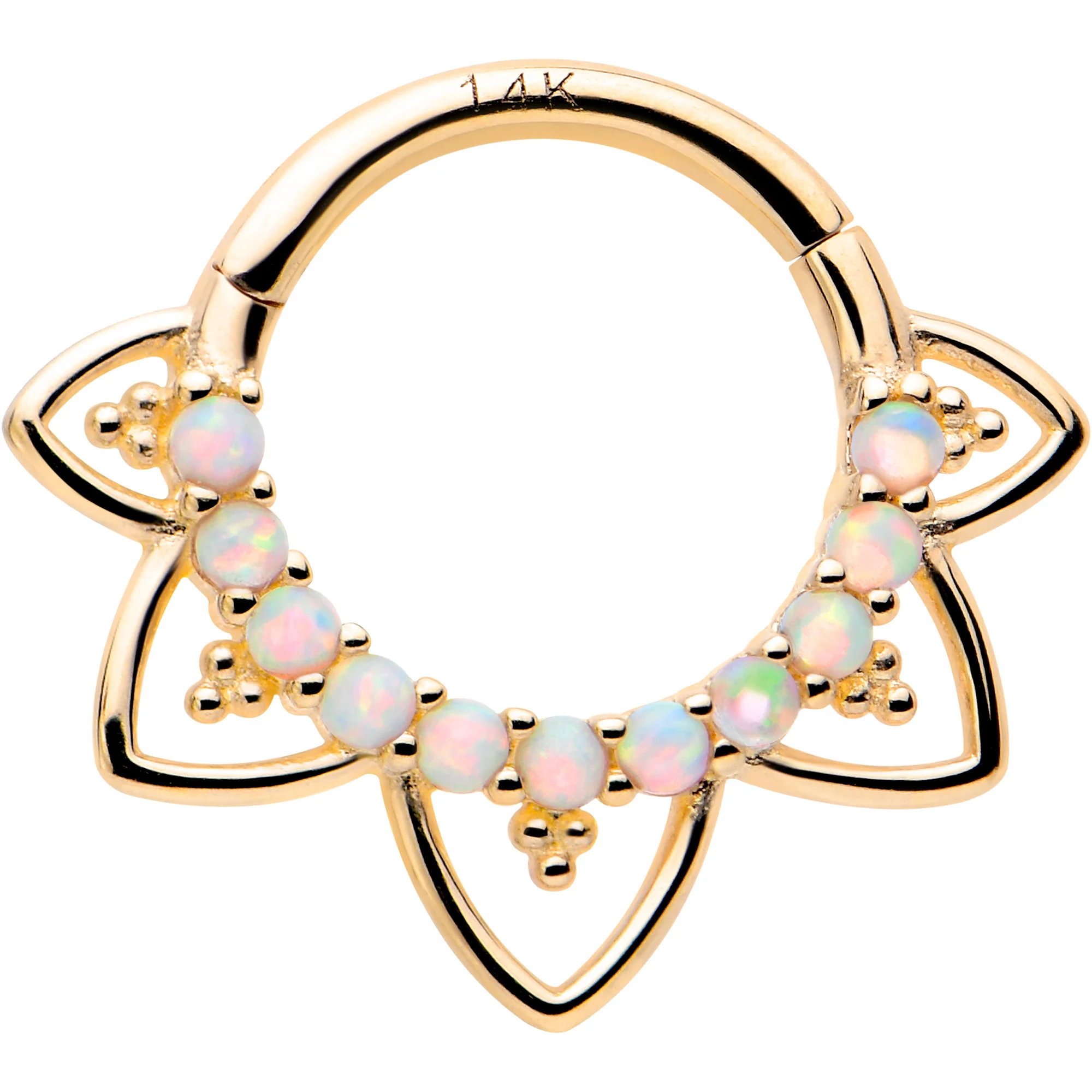 16G 5/16 White Synthetic Opal 14k Yellow Gold Filigree Hinged Segment Ring - Image 8