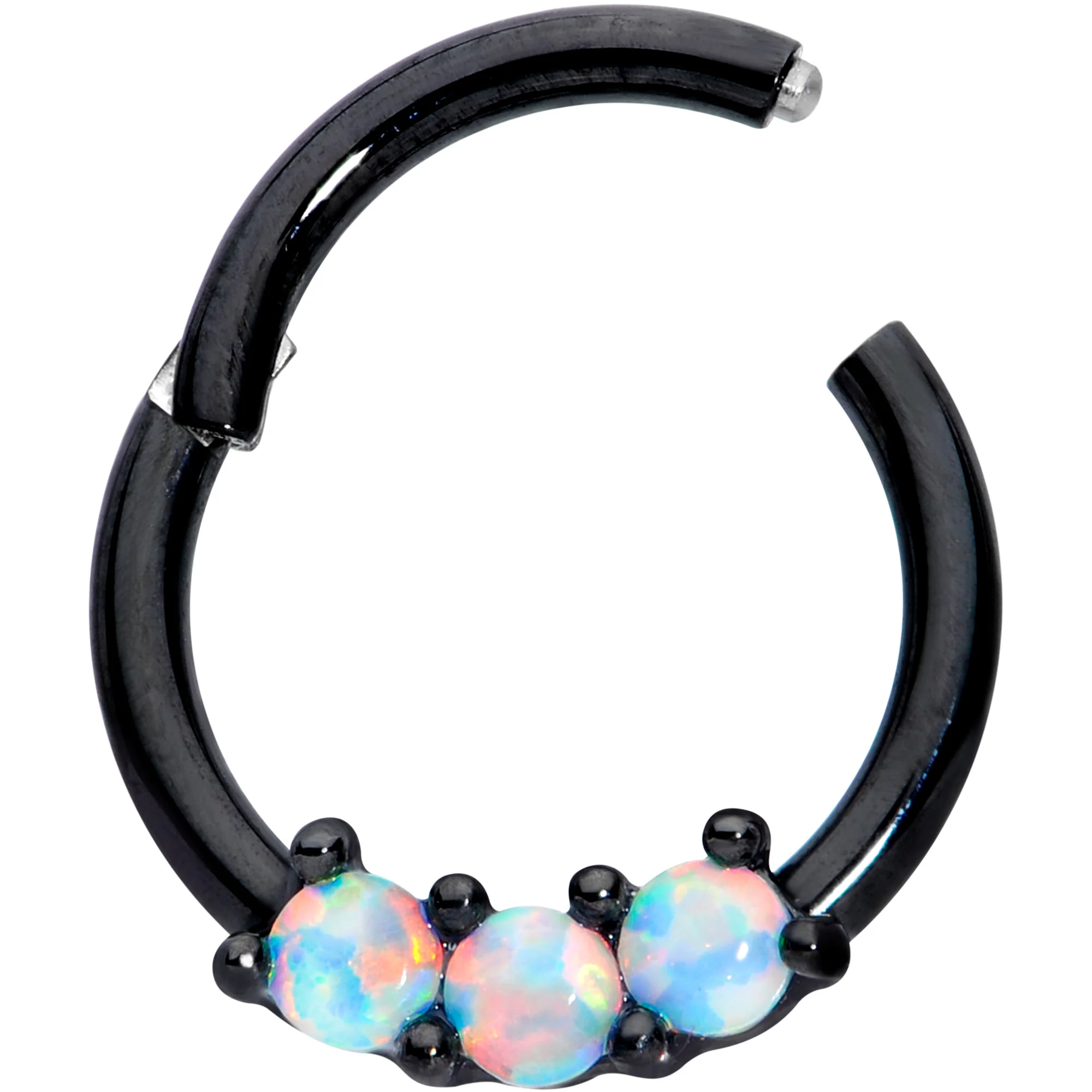 16G 5/16 White Synthetic Opal Black Trio Hinged Segment Ring - Image 2