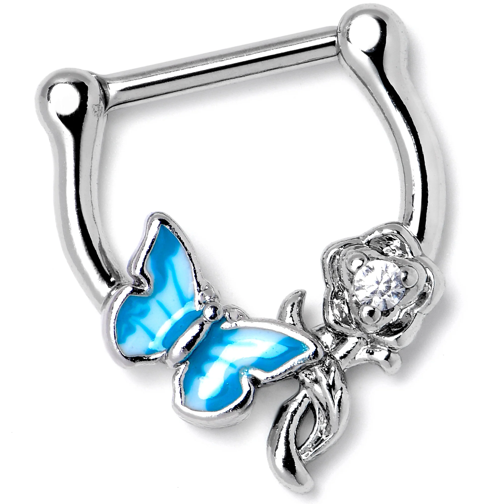 16G 5/6 Clear Gem Butterfly Rose Flower Blue Cartilage Clicker - Image 3