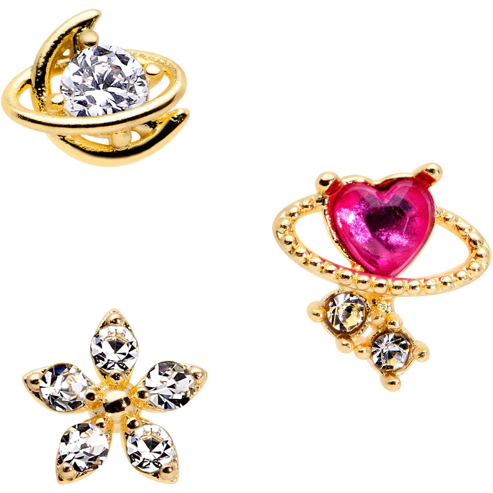 16G 5/16 Clear CZ Gem Gold Tone Moon Labret Tragus Set of 3 - Image 2