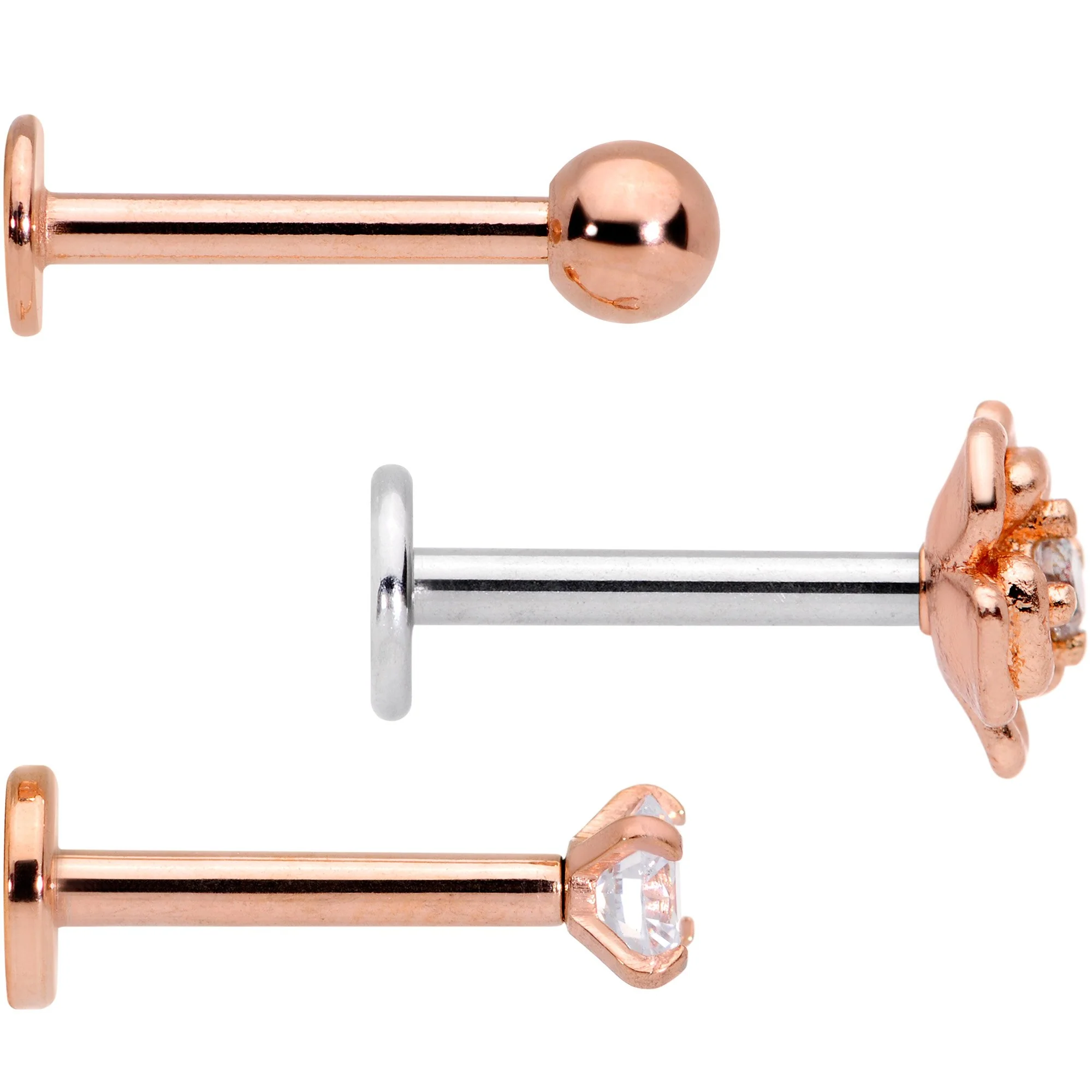 16G 5/16 Clear Gem Flower Internally Threaded Labret Set of 3 - Image 2