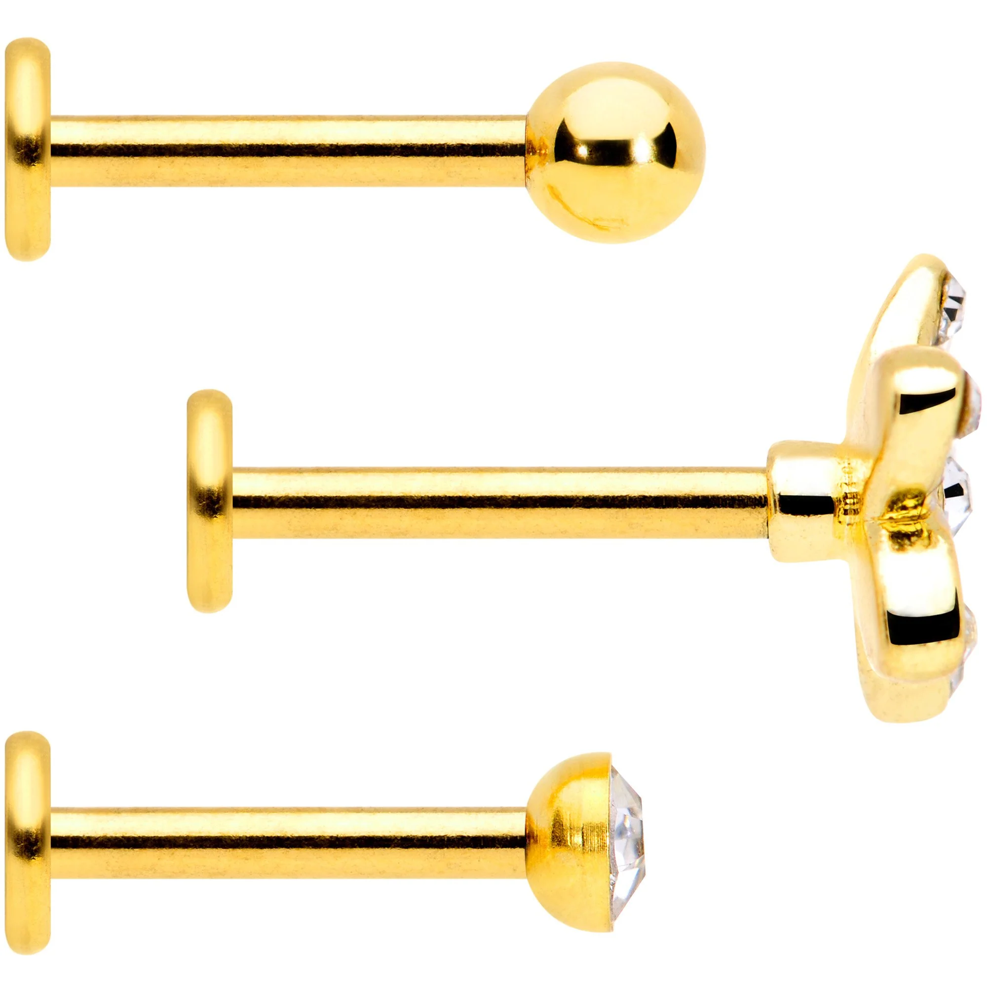 16G 5/16 Clear Gem Gold Tone Black Flower Labret Set of 3 - Image 2