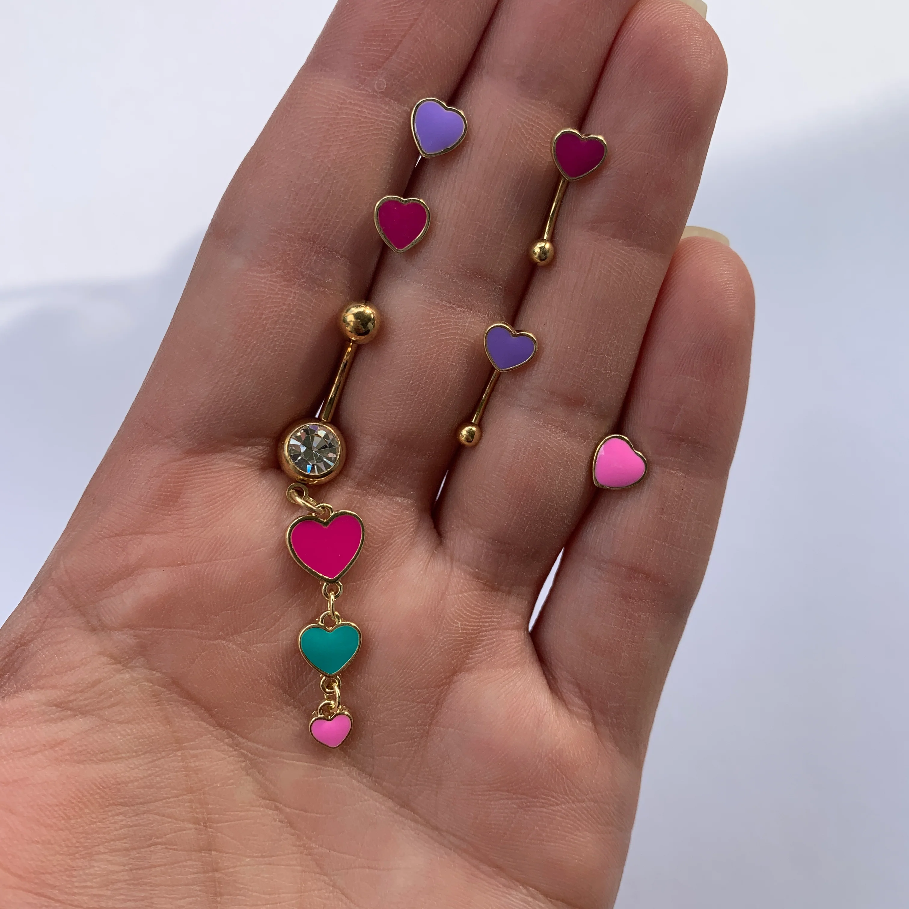 16G 5/16 Gold Tone Pink Heart Valentines Day Curved Eyebrow Ring - Image 2