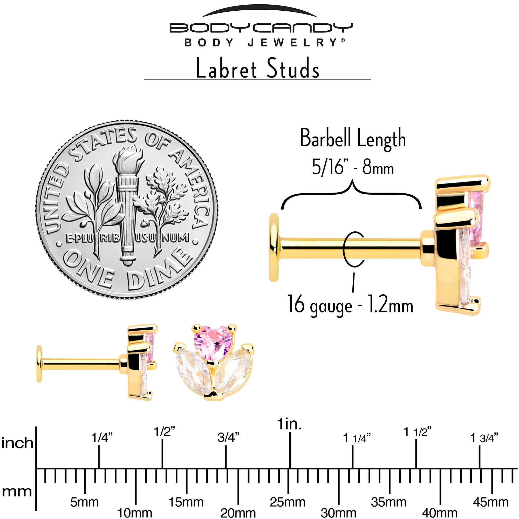 16G 5/16 Pink CZ Gem Gold Tone Love Flower Labret Monroe Tragus - Image 4