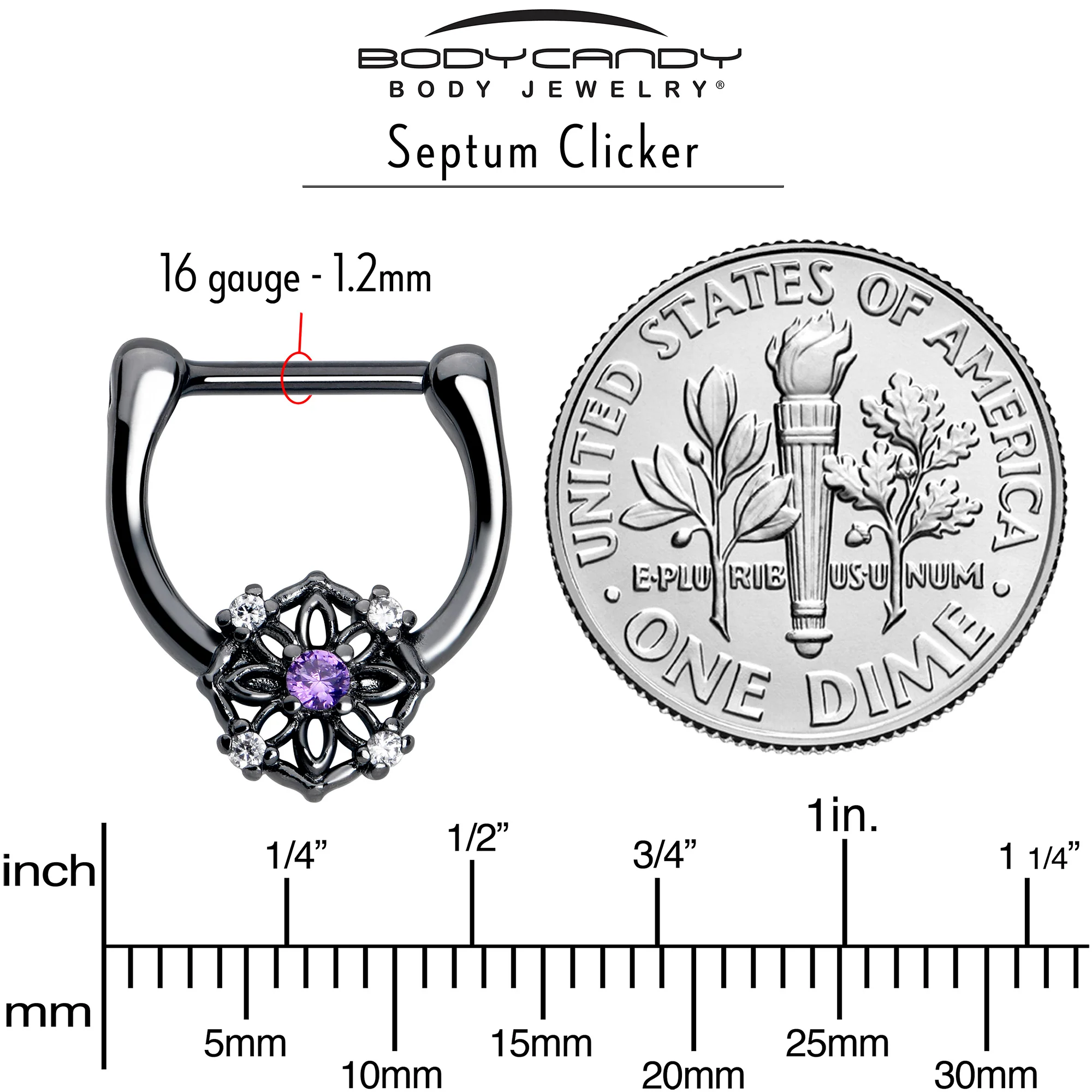 16G 5/16 Purple Clear CZ Gem Black Flower Ring Cartilage Clicker - Image 3