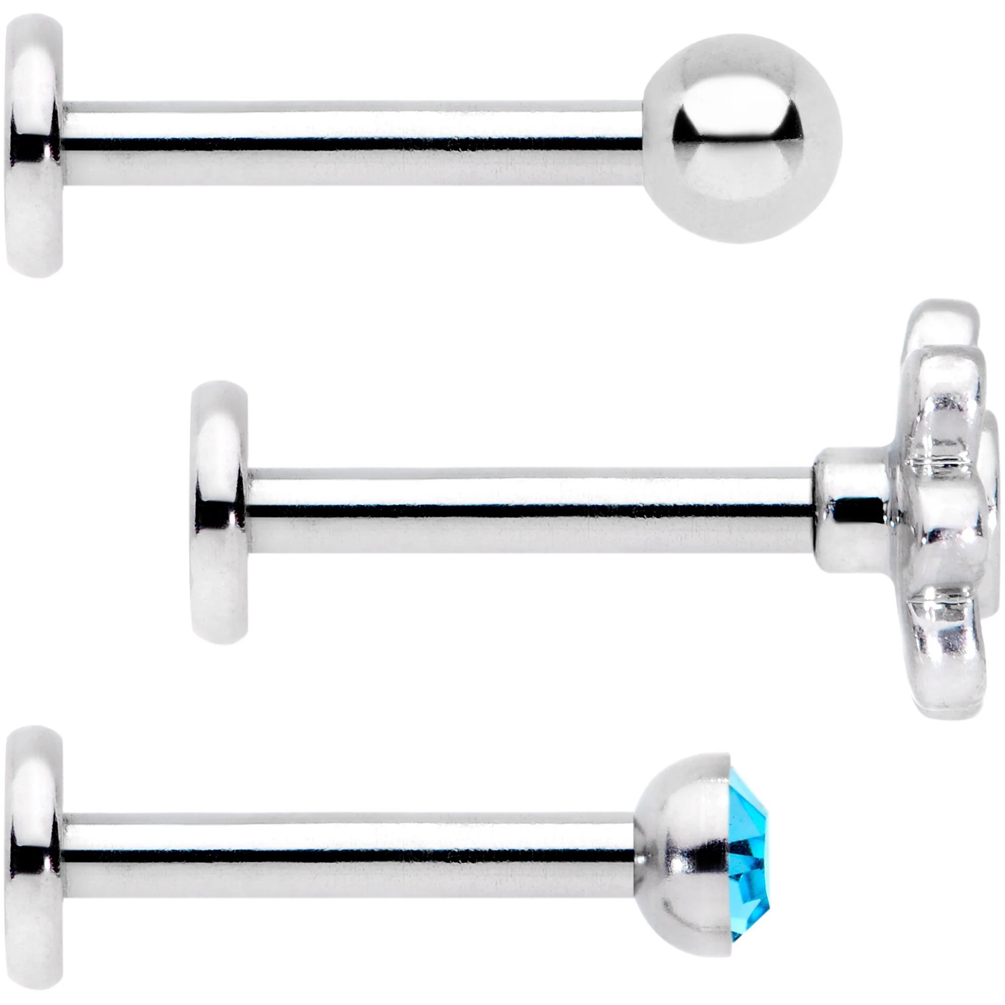 16G Blue Gem Flower Internally Threaded Labret Set of 3 - Image 2