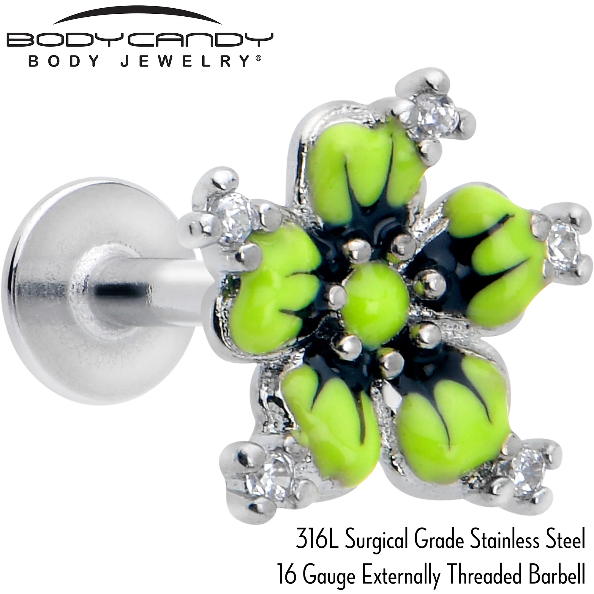16G Clear CZ Gem Go Green Flower Flat Back Earring - Image 2