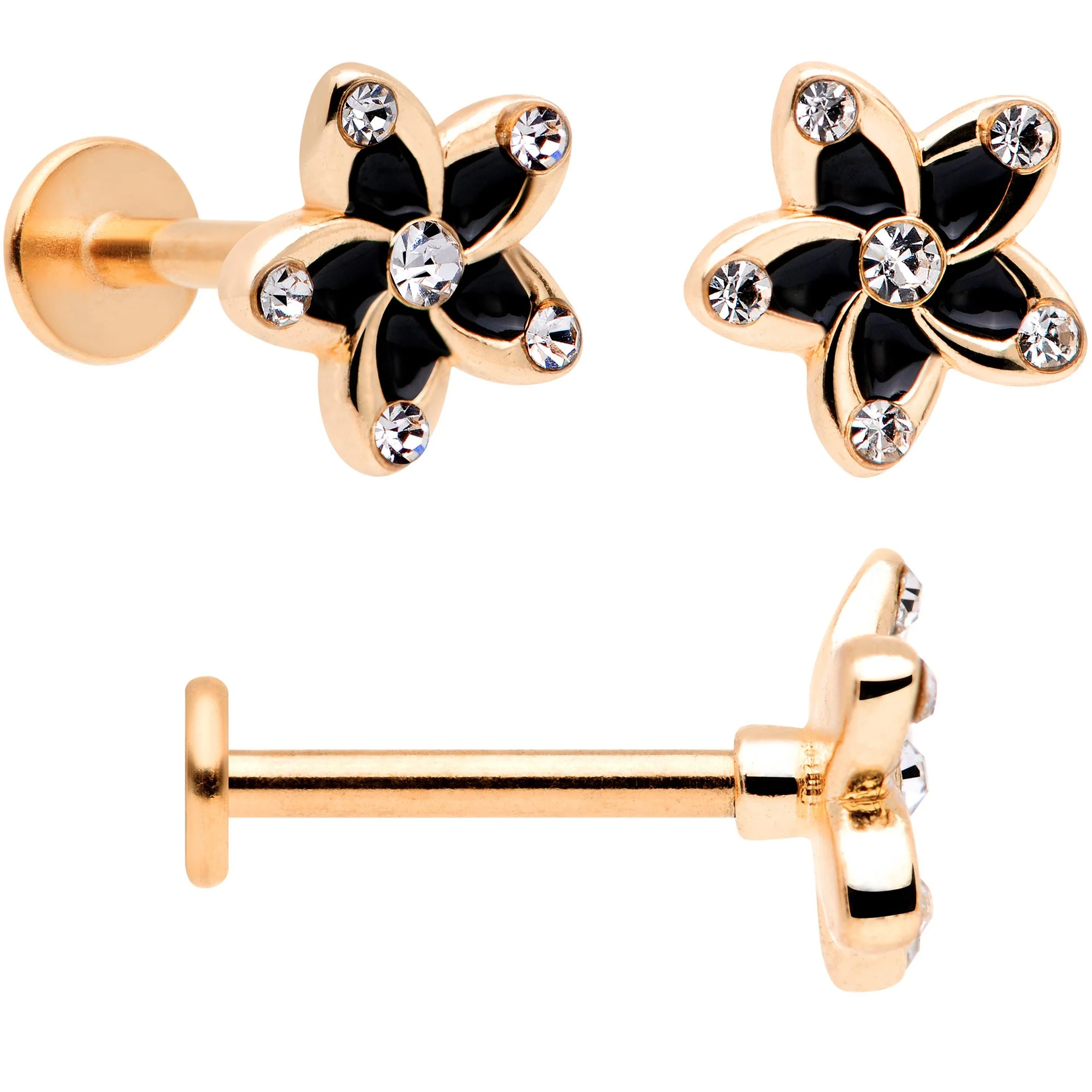 16G Clear Gem Rose Gold Tone Black Flower Labret Set of 3 - Image 3