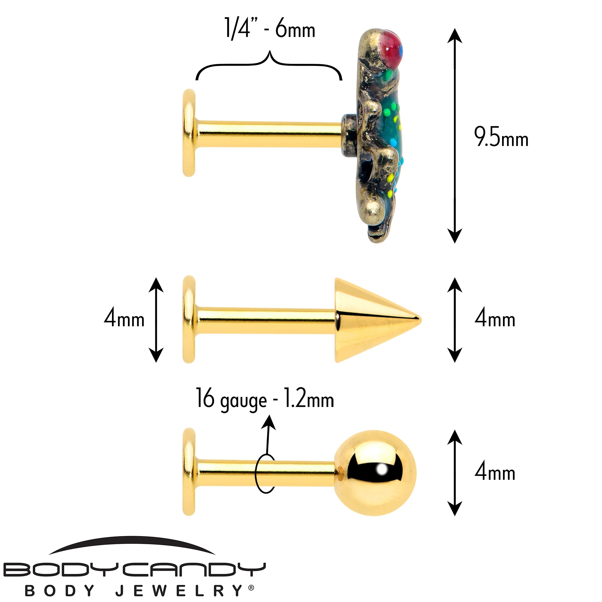 16G Frog Flat Back Earring Set Internally Threaded 3 Pack - Image 4