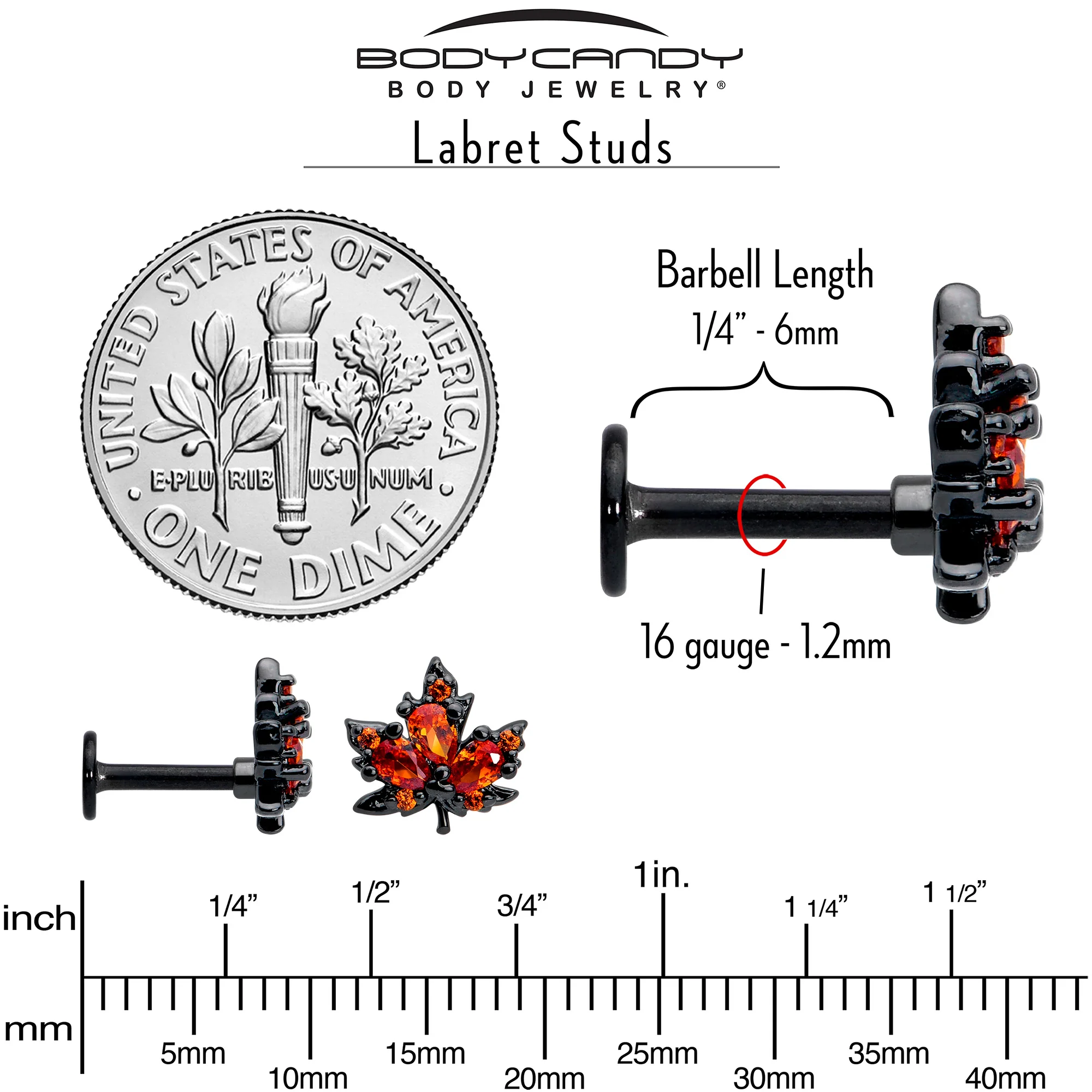 16G Orange CZ Gem Black Autumn Leaf Flat Back Earring - Image 6