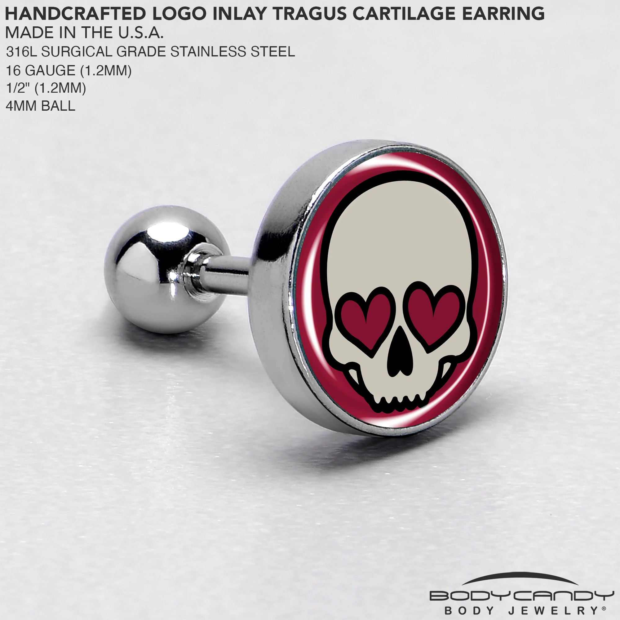 16G Valentine Heart Skull Tragus Cartilage Earring - Image 4