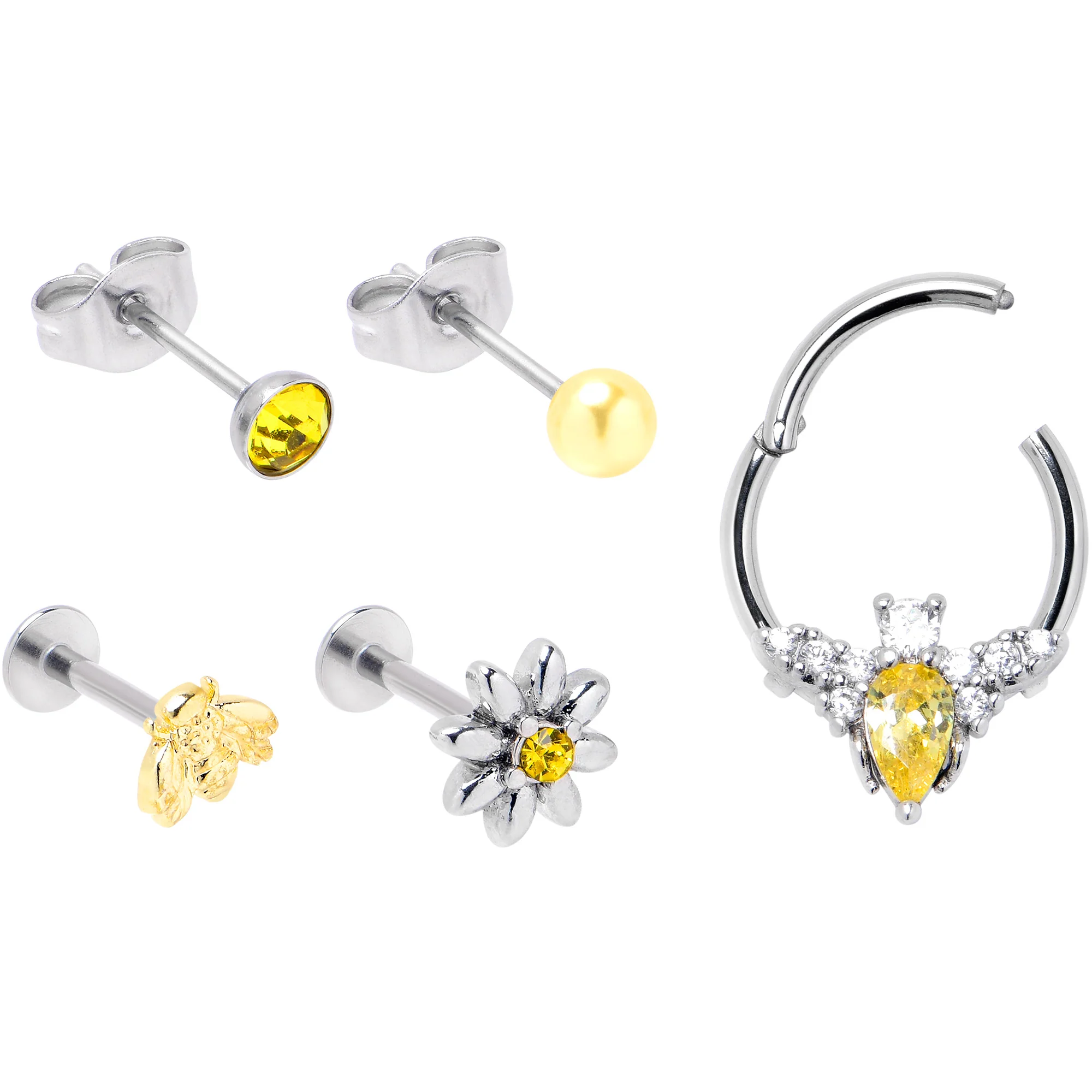 16G Yellow Gem Bee Flower Labret Segment Ring Ear Curation Set of 5 - Image 3