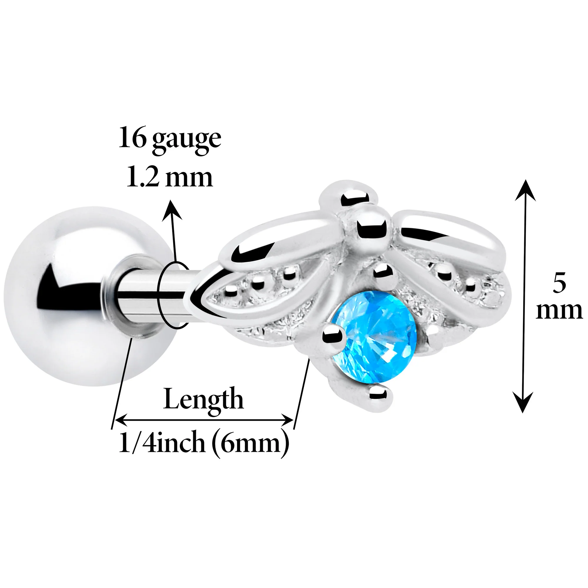 16G 1/4 Blue Gem Beauty Bug Cartilage Tragus Earring - Image 2