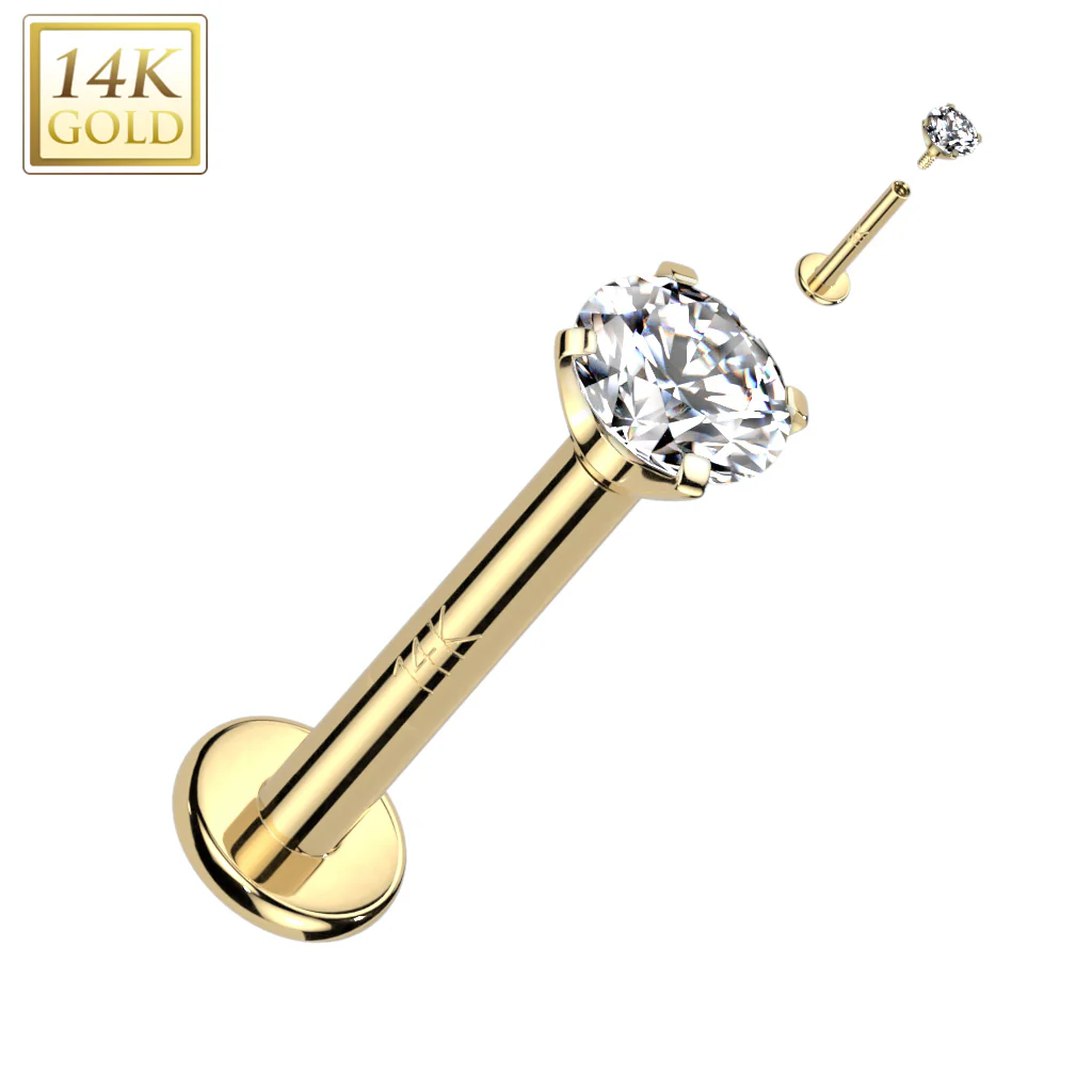 16G 1/4 Clear CZ Gem 14k Gold Prong Set 3mm Internally Threaded Labret Monroe Tragus - Image 4