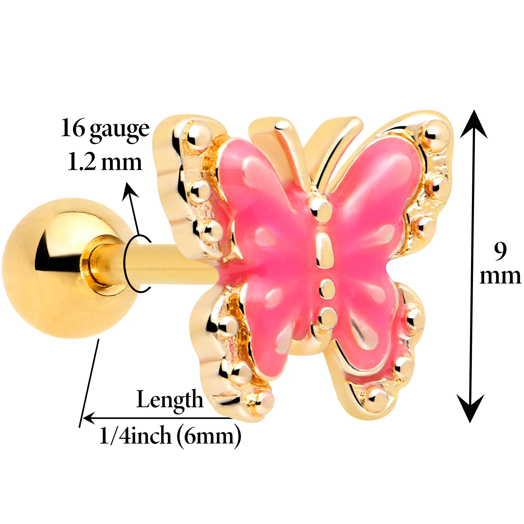 16G 1/4 Gold Tone Butterfly Pink Splash Cartilage Tragus Earring - Image 2