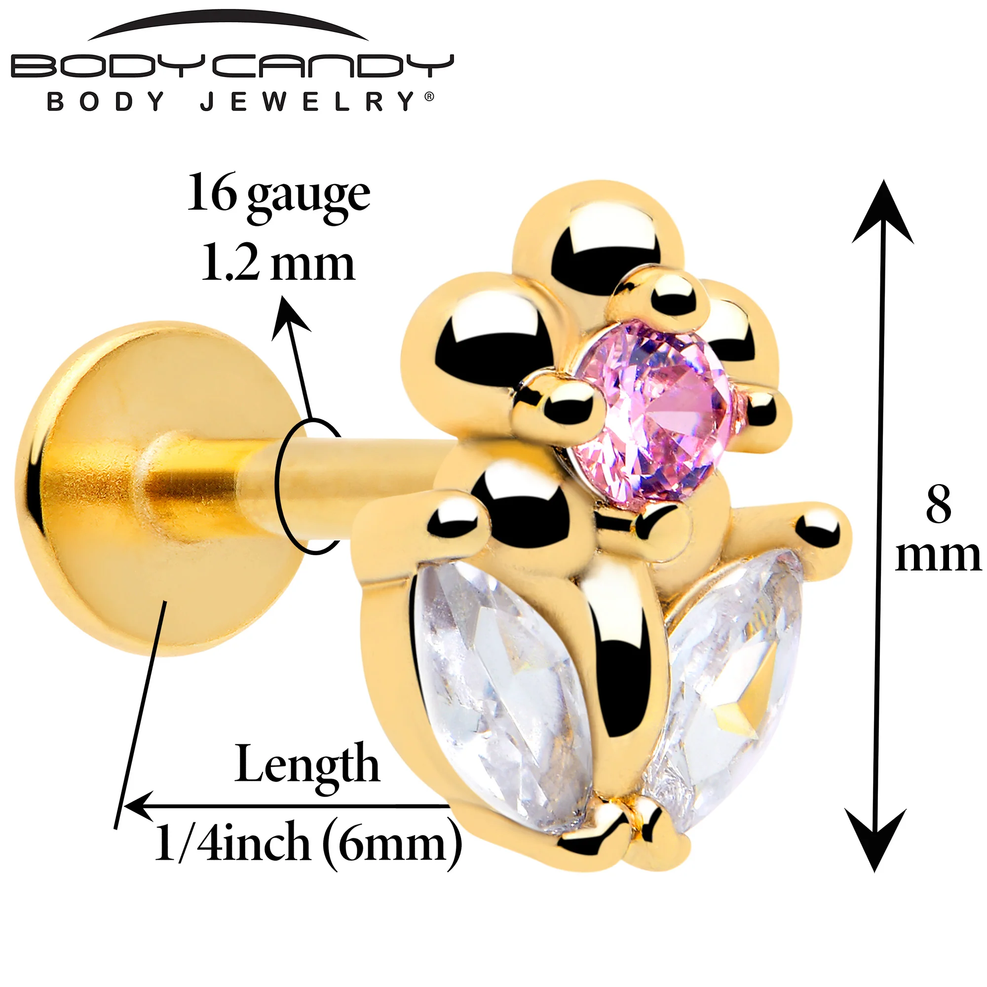 16G 1/4 Pink Clear CZ Gem Gold Tone Bead Flower Cartilage Labret - Image 2