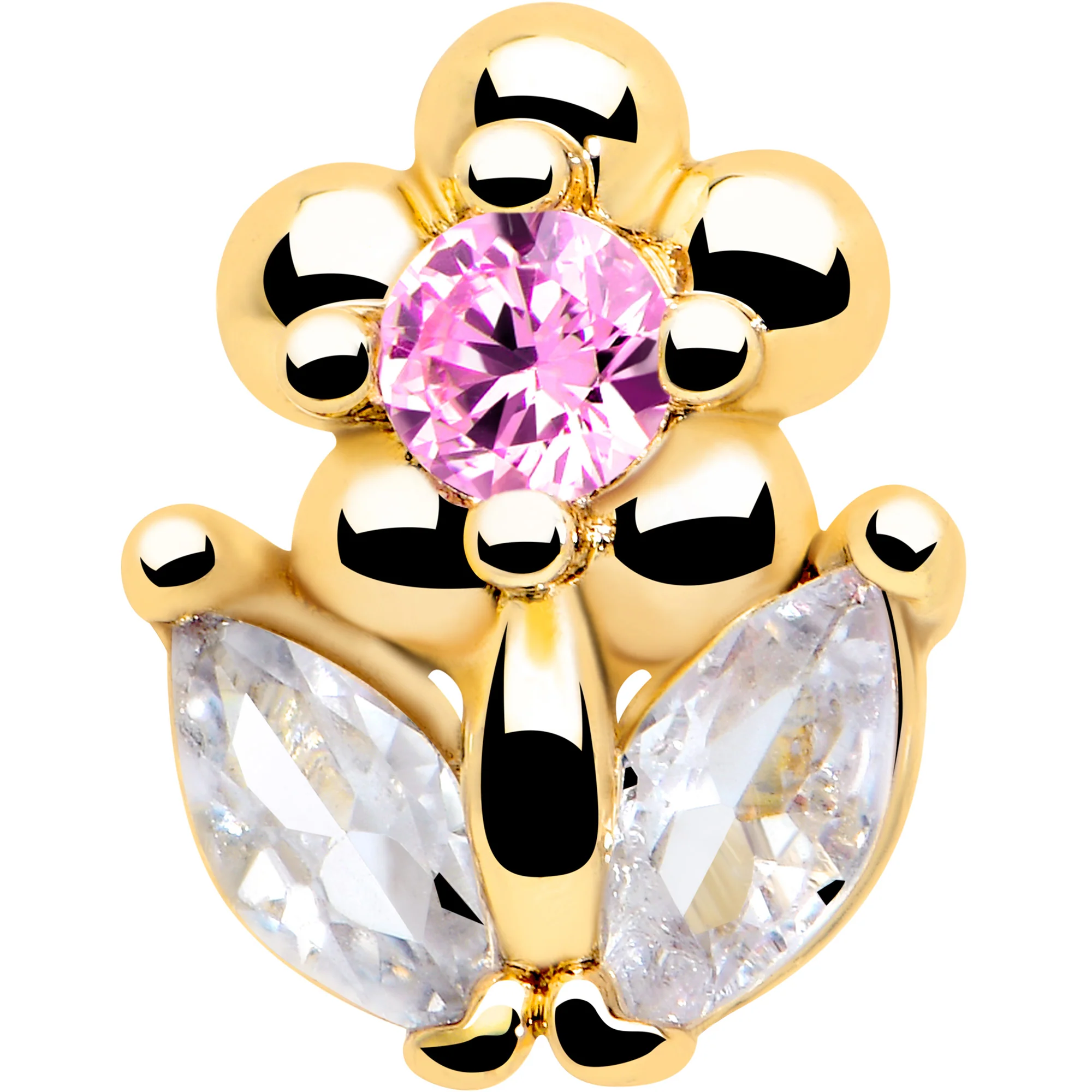 16G 1/4 Pink Clear CZ Gem Gold Tone Bead Flower Cartilage Labret - Image 3