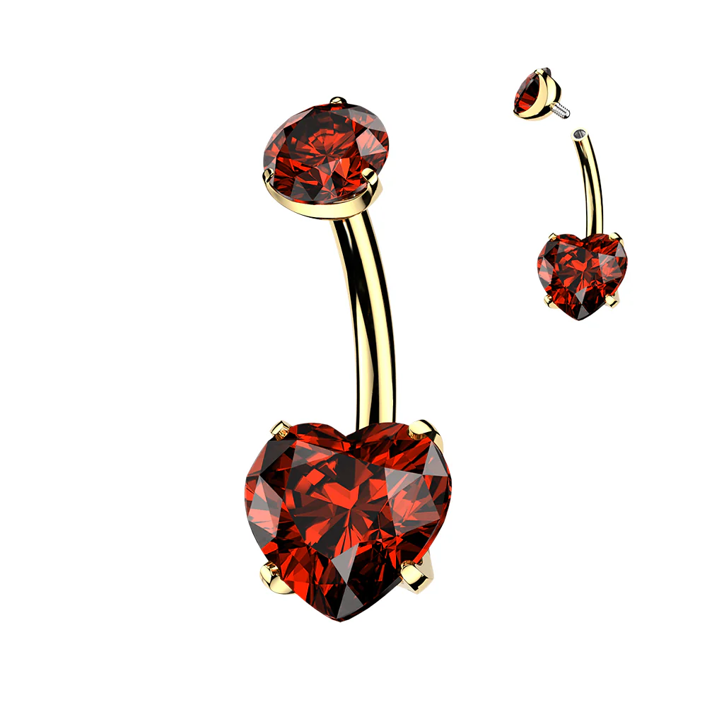 24k Gold Implant Grade Titanium CZ Dual Hearts Internally Threaded Belly Ring - Image 4