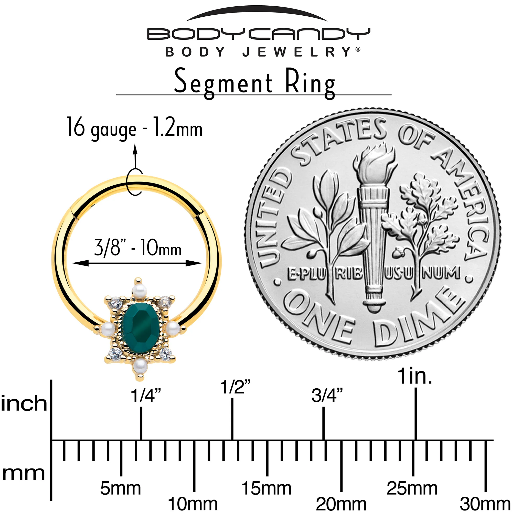 16G 3/8 Green CZ Gem Gold Tone Royal Beauty Hinged Segment Ring - Image 4